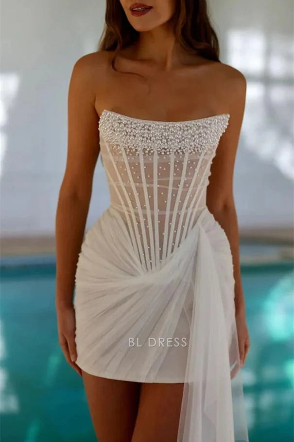 Chic Fitted Strapless Sleeveless Beaded Draped Ivory Mini Homecoming Dress