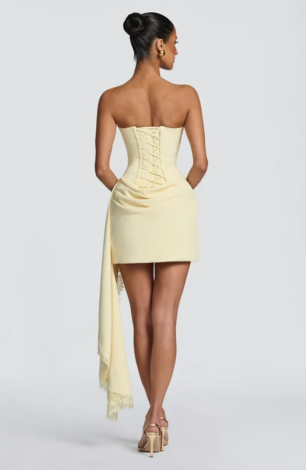 Chic Fitted Sweetheart Sleeveless Draped Lace-Trim Pale Yellow Mini Homecoming Dress Women's