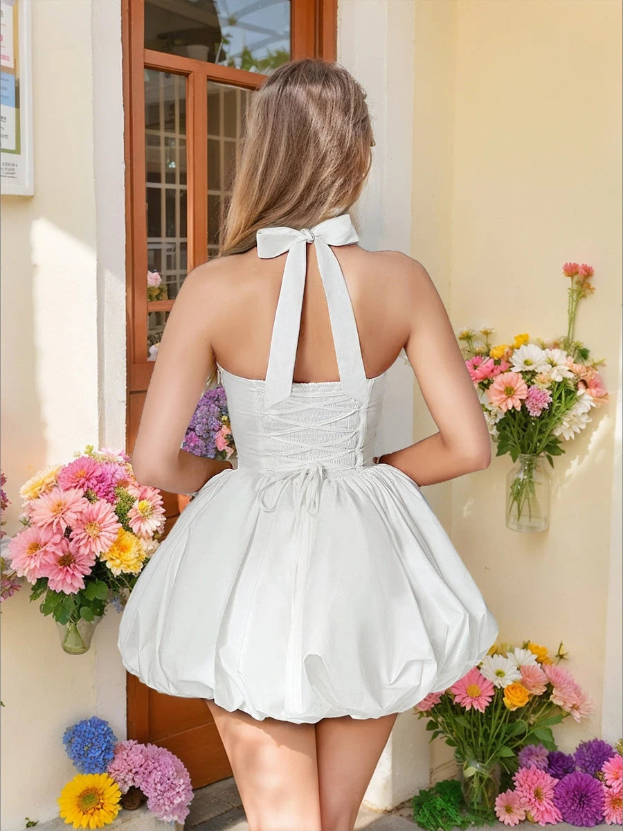 Chic Halter A-Line Bubble Hem White Short Homecoming Dress for Women