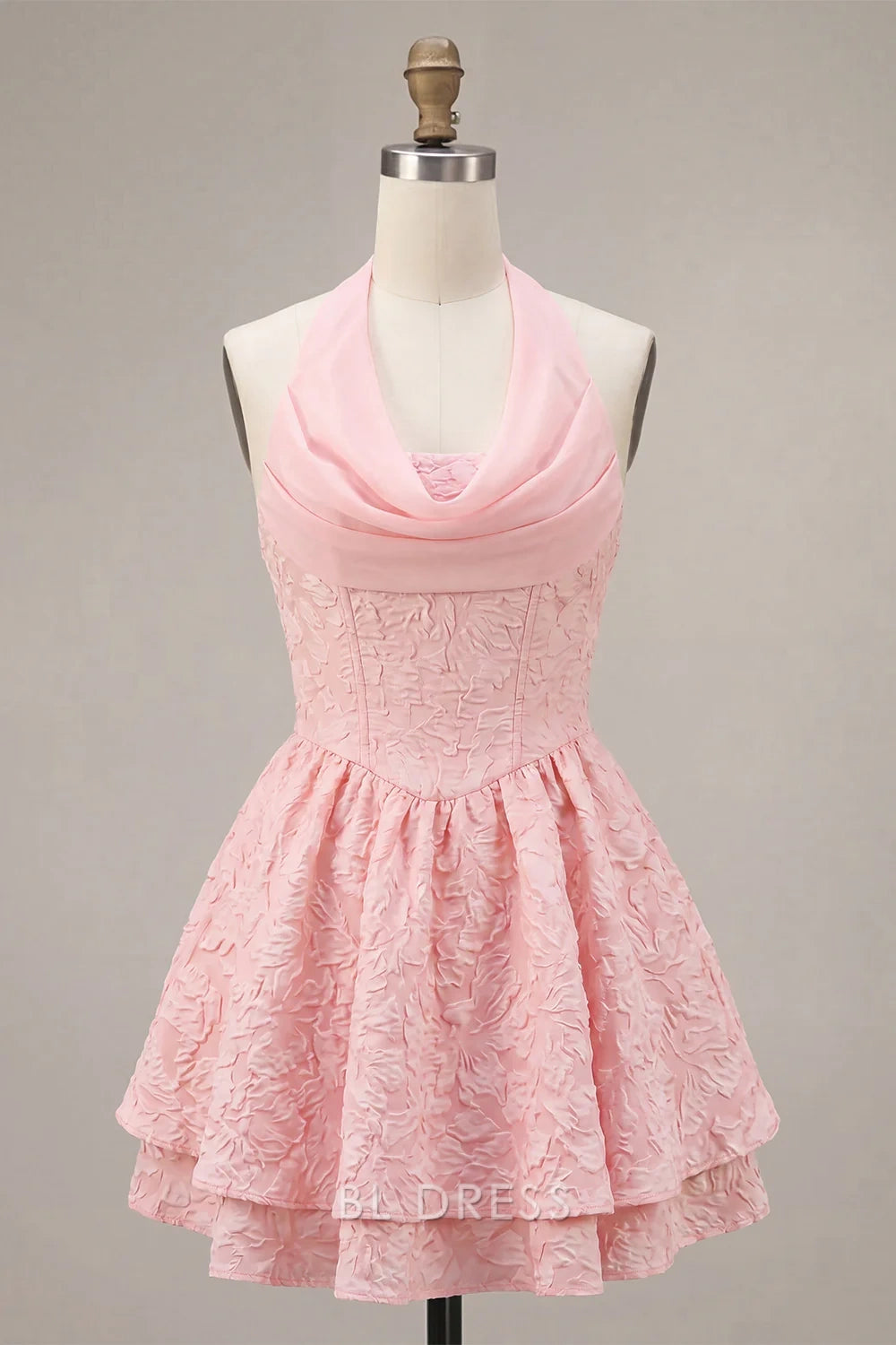 Chic Halter Cowl Neck Sleeveless Textured Tiered Pink Short Homecoming Dress