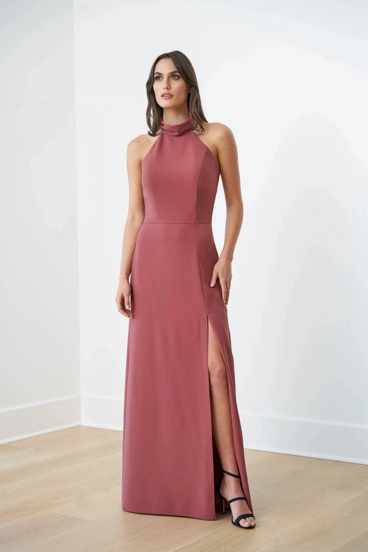 Chic Halter Sleeveless A-Line Backless Slit Dusty Rose Floor-Length Prom Gown
