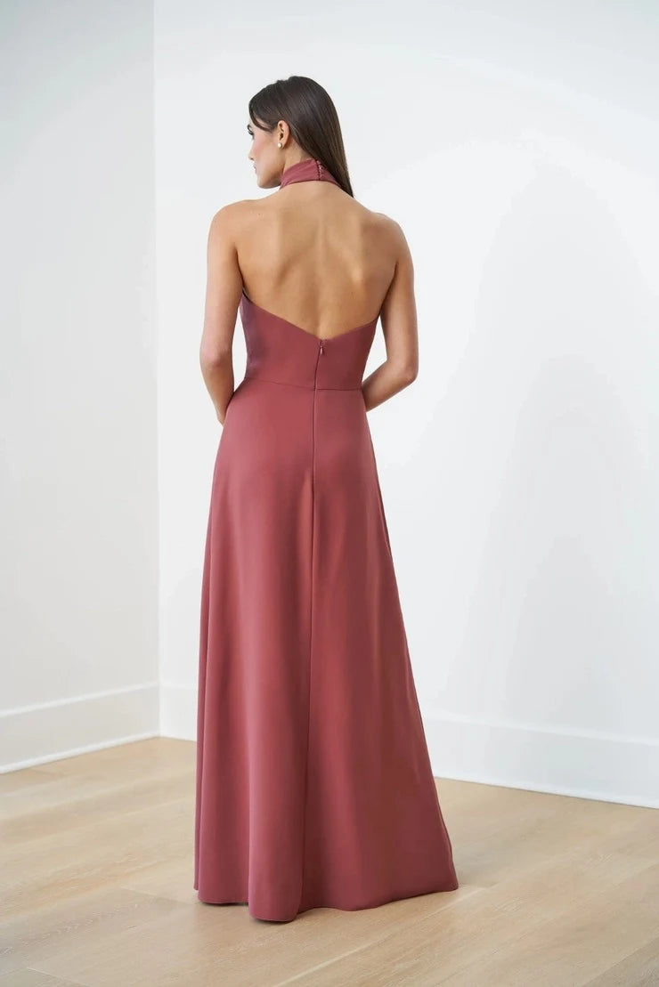 Chic Halter Sleeveless A-Line Backless Slit Dusty Rose Floor-Length Prom Gown