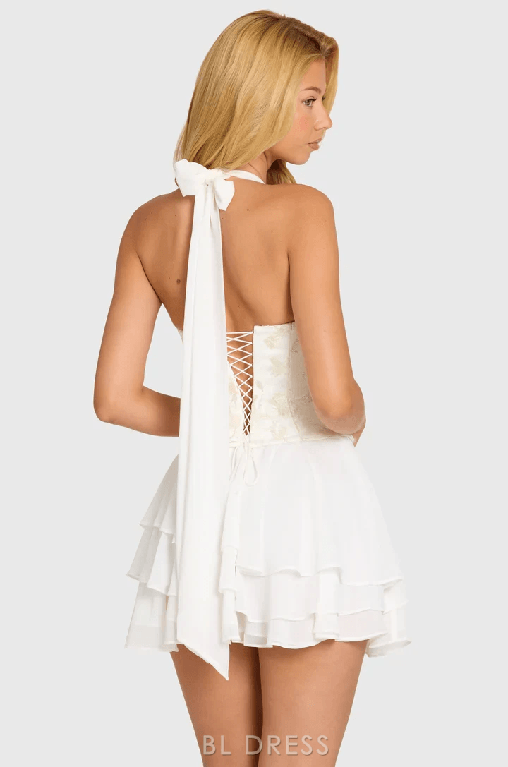 Chic Halter Sleeveless Corset Embroidered Tiered Ivory Mini Homecoming Dress Women's