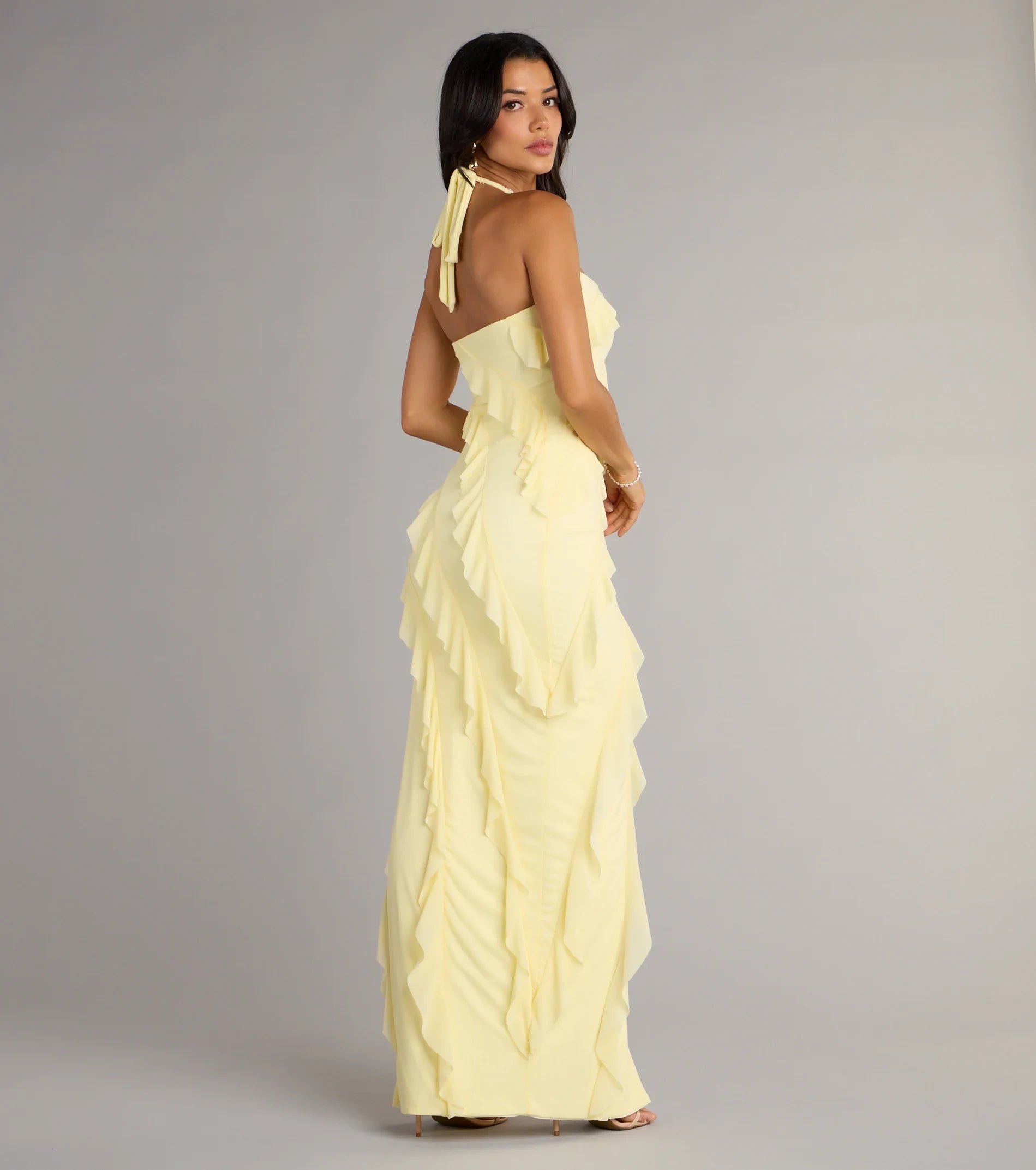 Chic Halter Sleeveless Ruffled High-Low Yellow Prom Dresses Gown