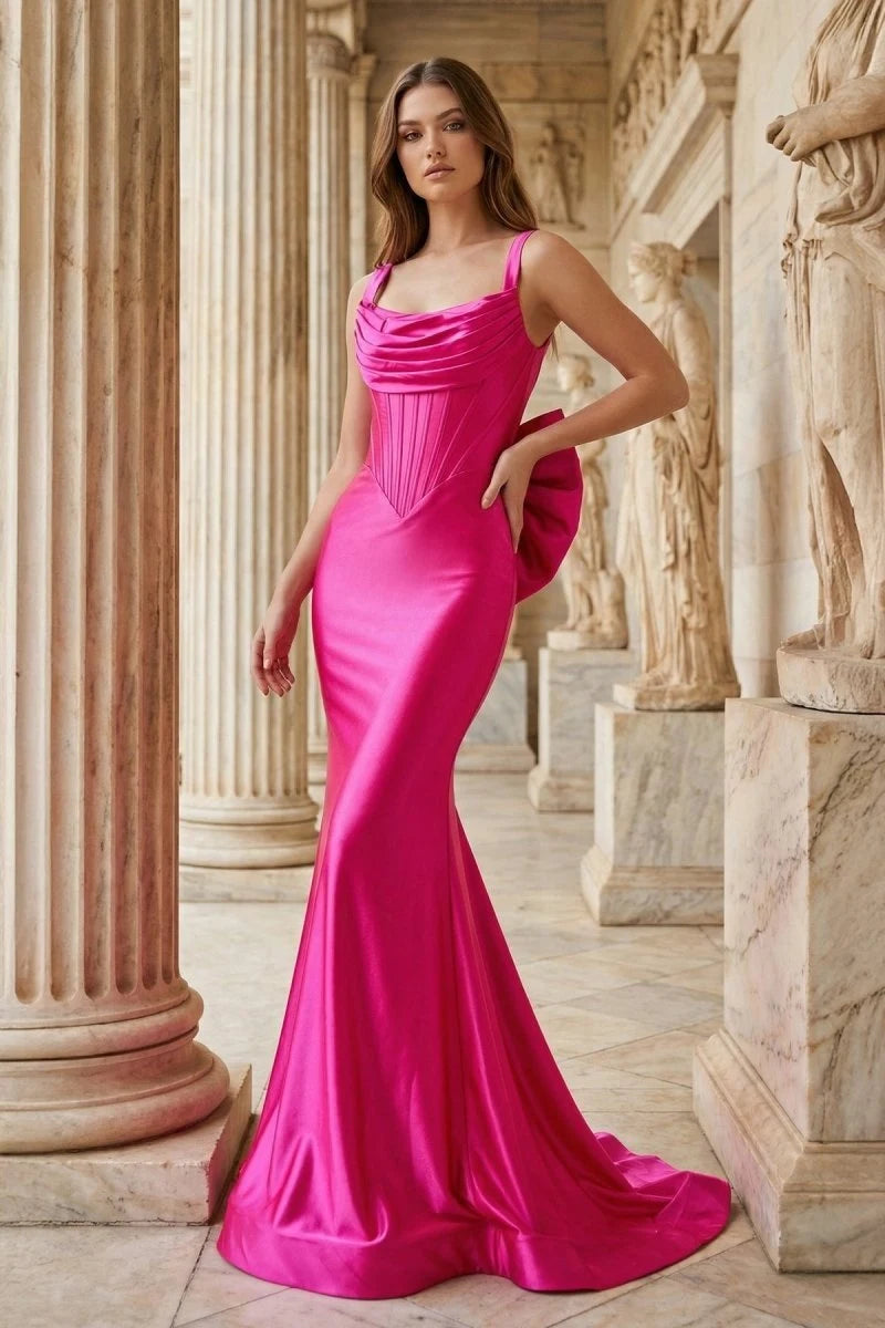 Chic Mermaid Cowl-Neck Sleeveless Corset-Bow Fuchsia Maxi Prom Dresses Women Gown