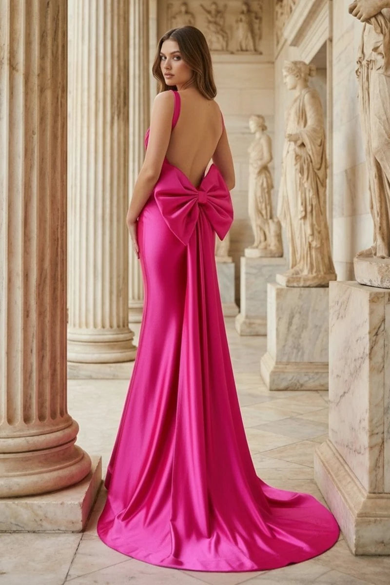 Chic Mermaid Cowl-Neck Sleeveless Corset-Bow Fuchsia Maxi Prom Dresses Women Gown