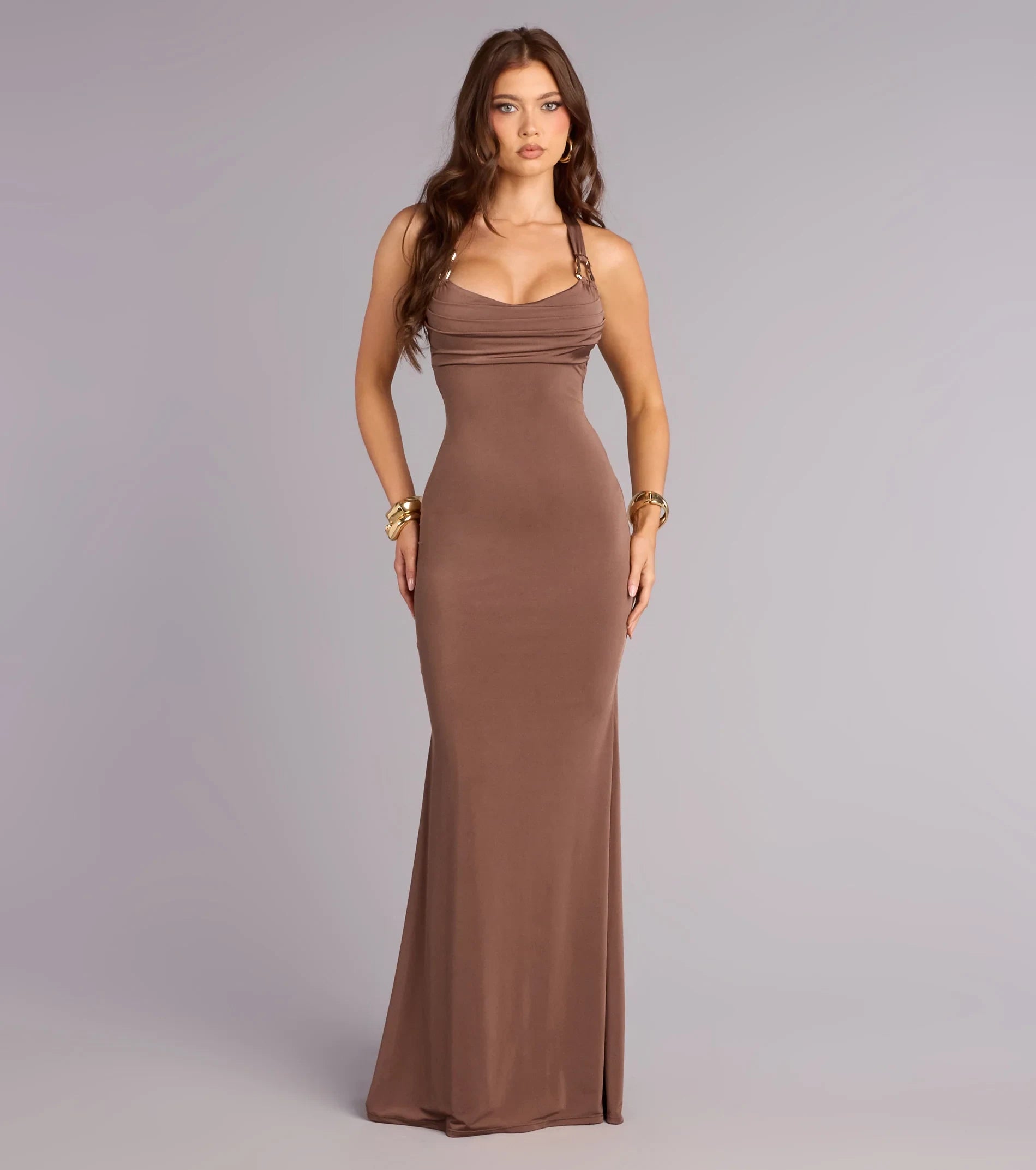 Chic Mermaid Cowl Neck Sleeveless Strappy Backless Brown Floor-Length Prom Dress