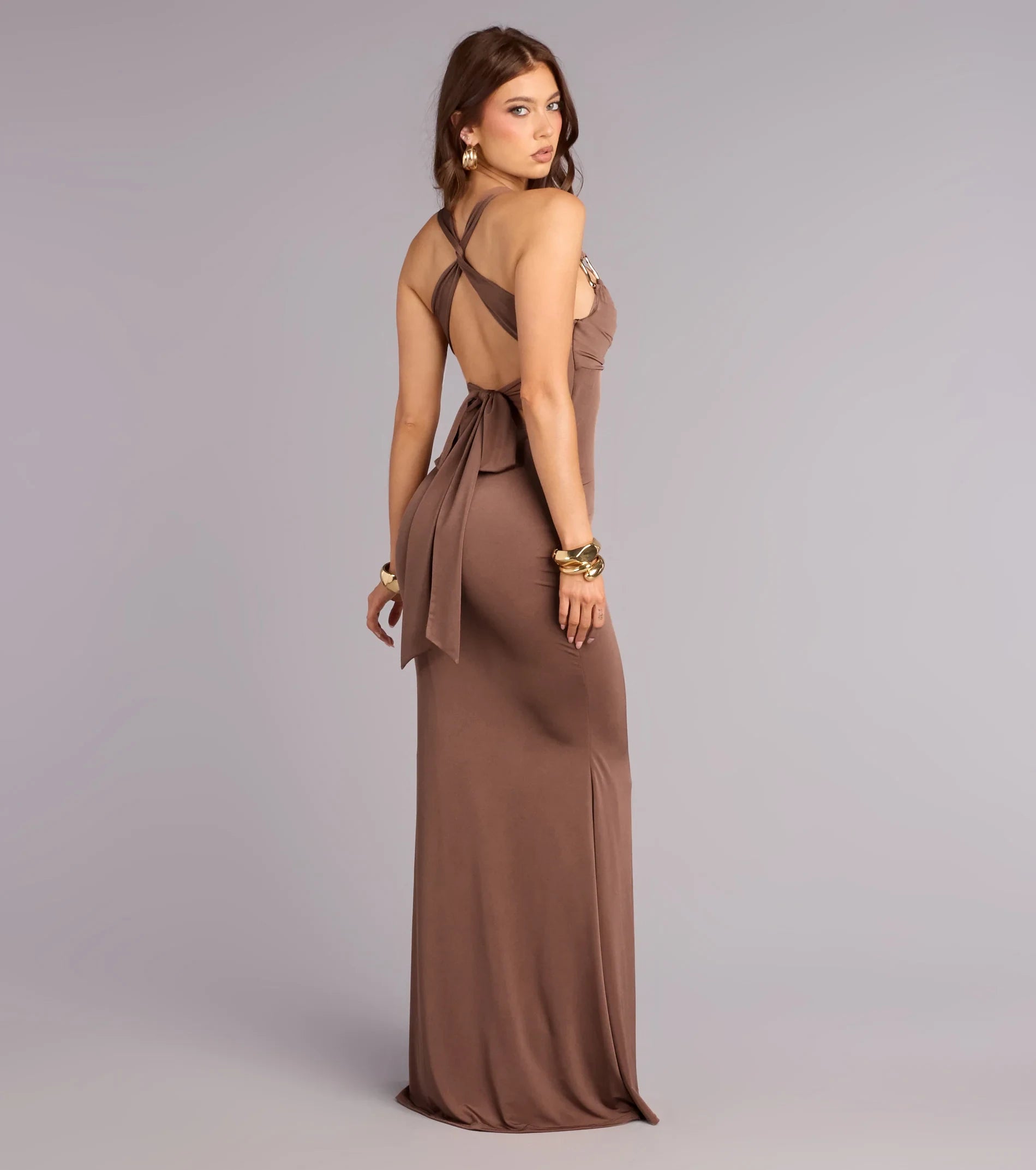 Chic Mermaid Cowl Neck Sleeveless Strappy Backless Brown Floor-Length Prom Dress
