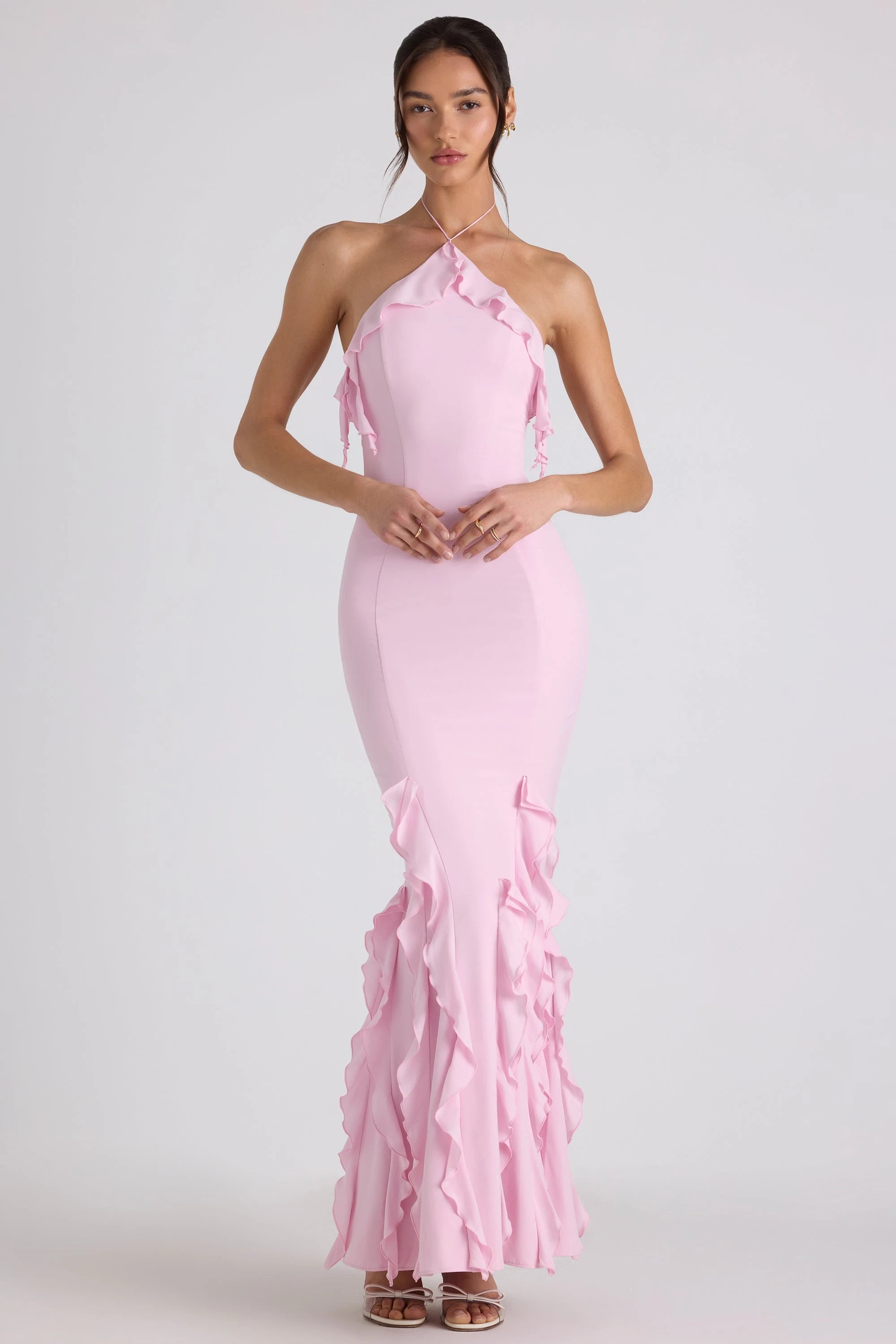 Chic Mermaid Halter Sleeveless Ruffle Pink Floor-Length Prom Dress Women's Gown