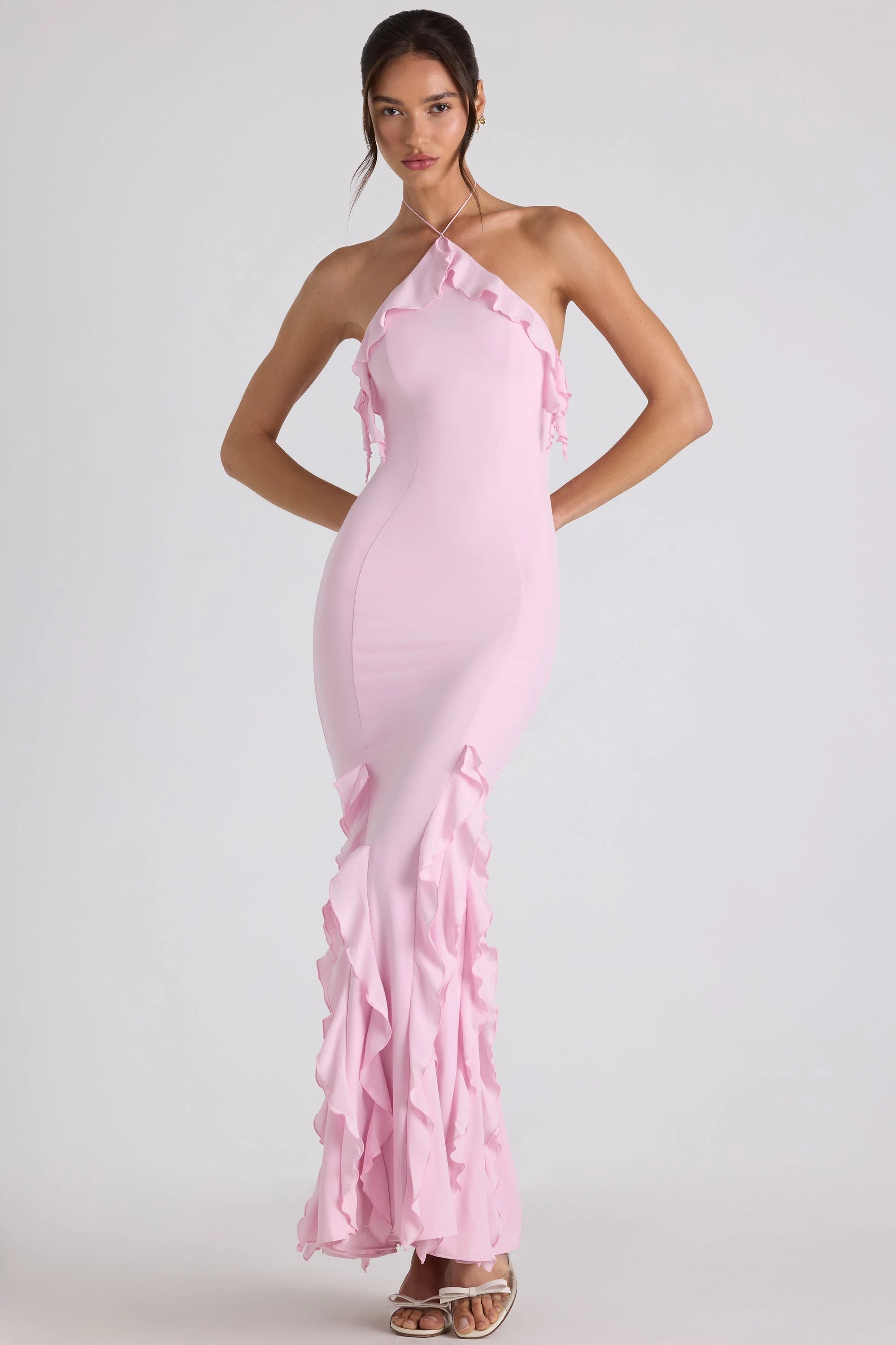 Chic Mermaid Halter Sleeveless Ruffle Pink Floor-Length Prom Dress Women's Gown