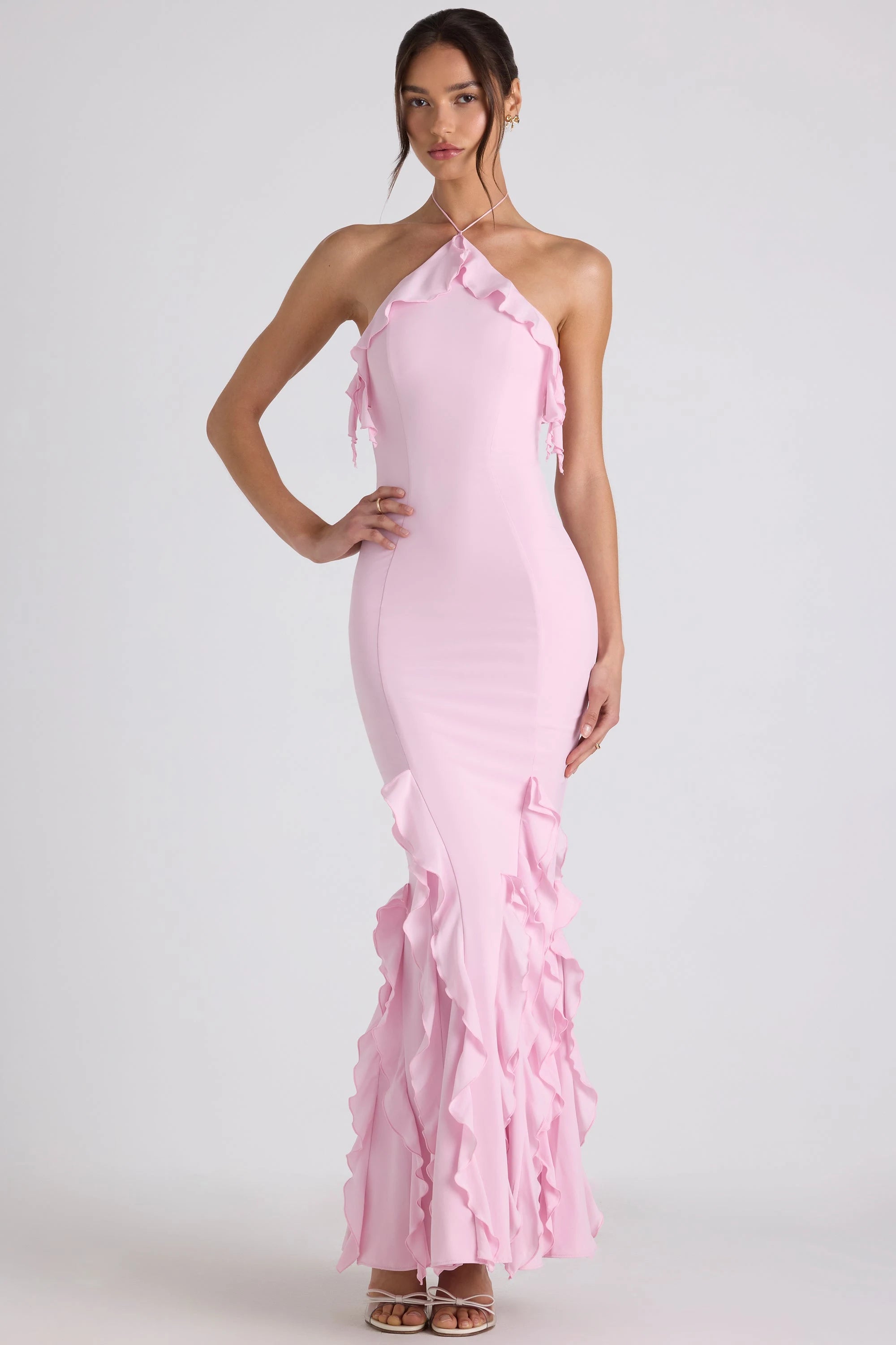 Chic Mermaid Halter Sleeveless Ruffle Pink Floor-Length Prom Dress Women's Gown