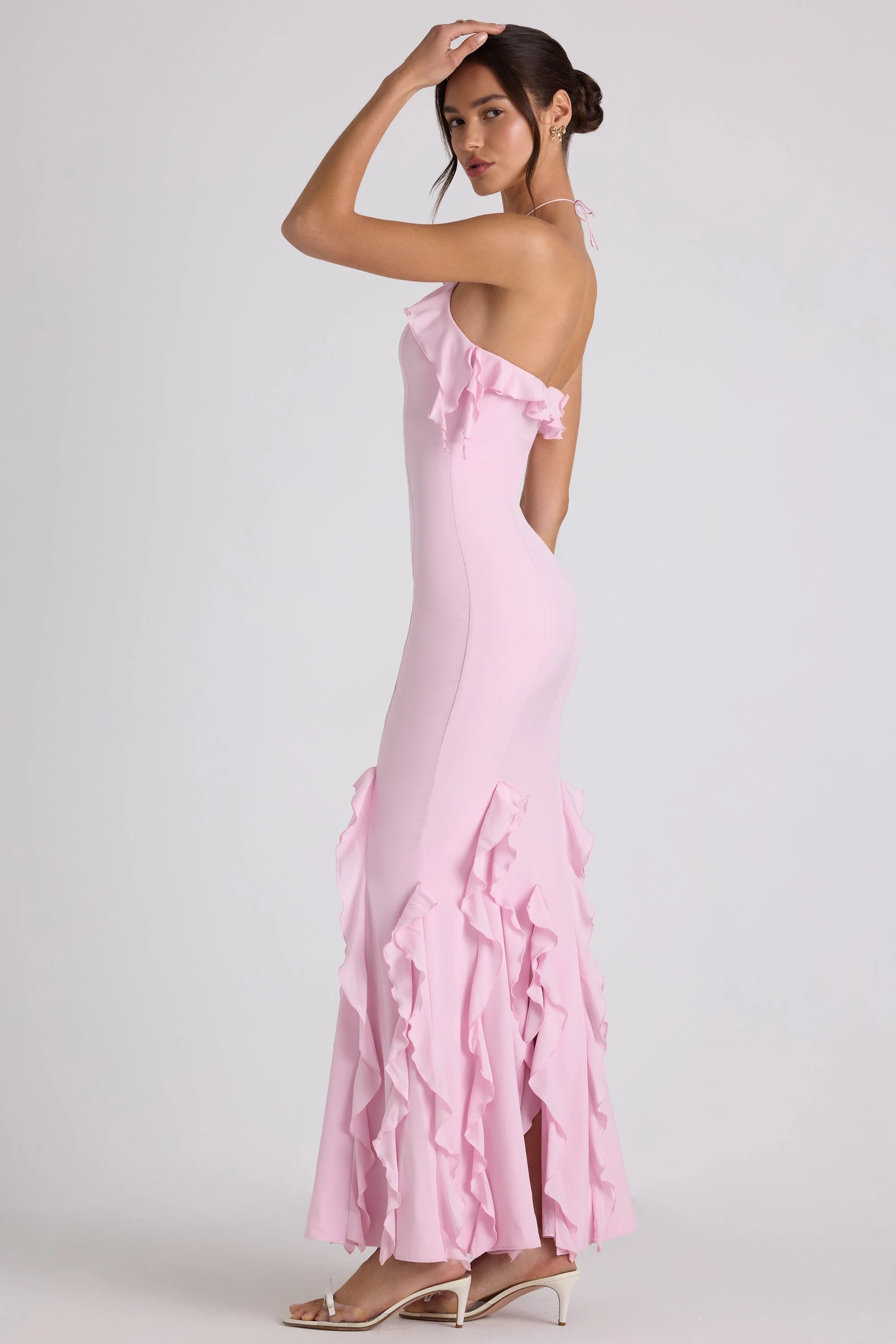 Chic Mermaid Halter Sleeveless Ruffle Pink Floor-Length Prom Dress Women's Gown