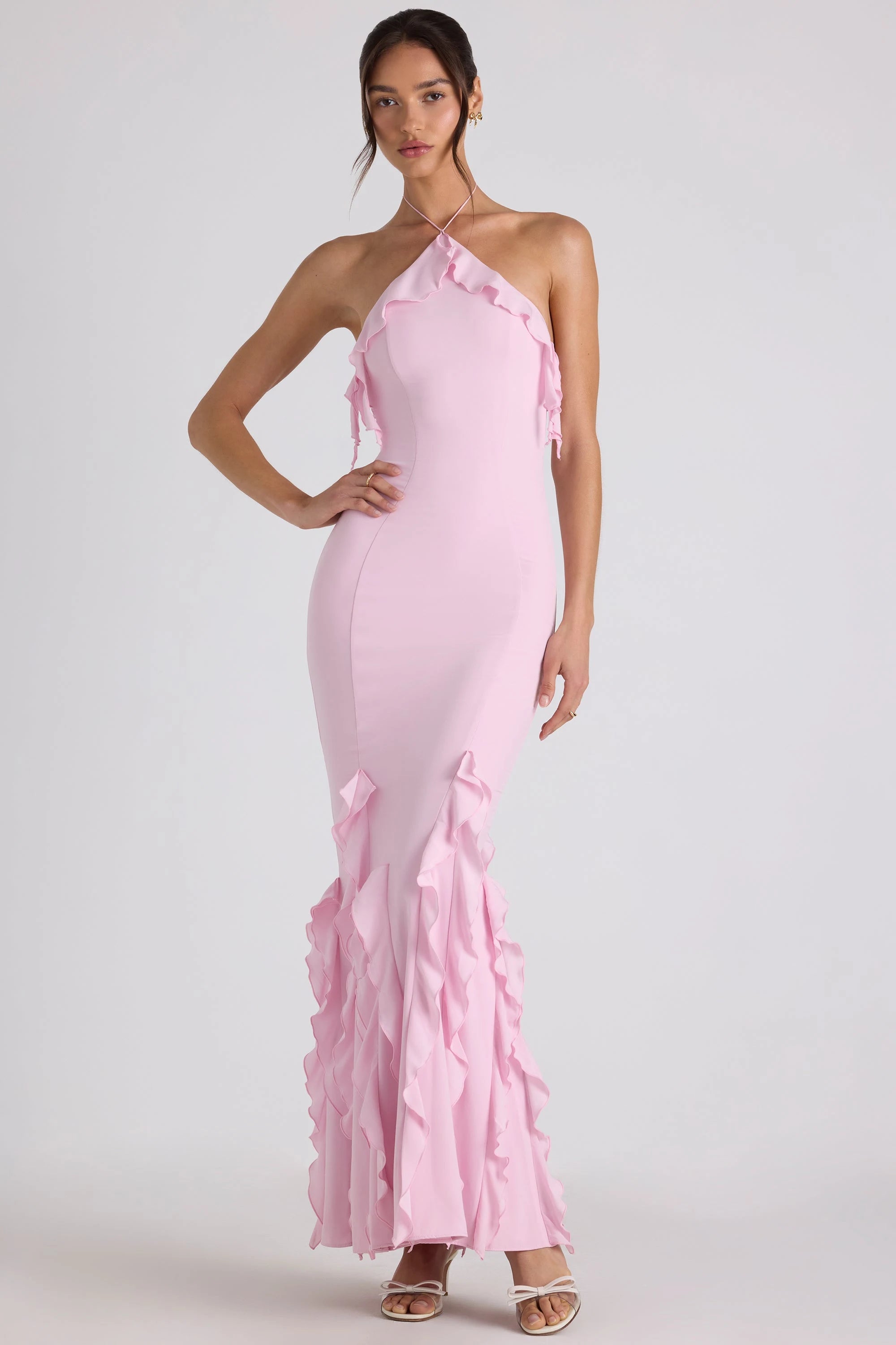 Chic Mermaid Halter Sleeveless Ruffle Pink Floor-Length Prom Dress Women's Gown