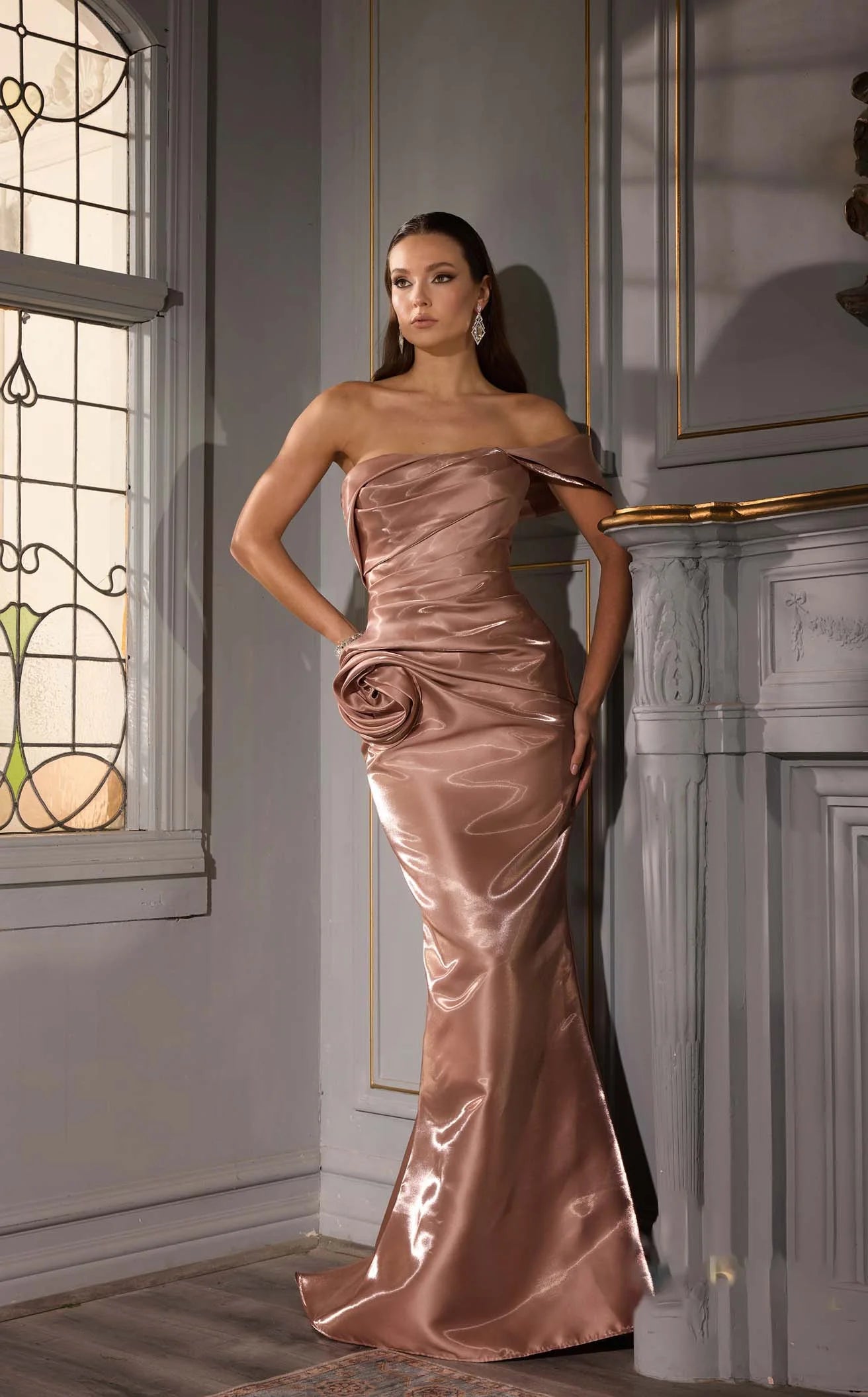 Chic Mermaid Off-Shoulder Draped Glamorous Dusty Rose Floor-Length Prom Dresses for Women