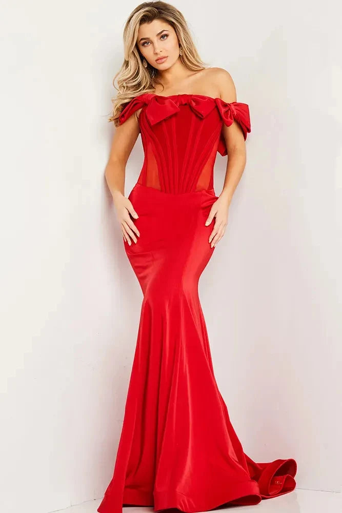 Chic Mermaid Off-Shoulder Sleeveless Bow Corset Red Long Prom Dresses Women