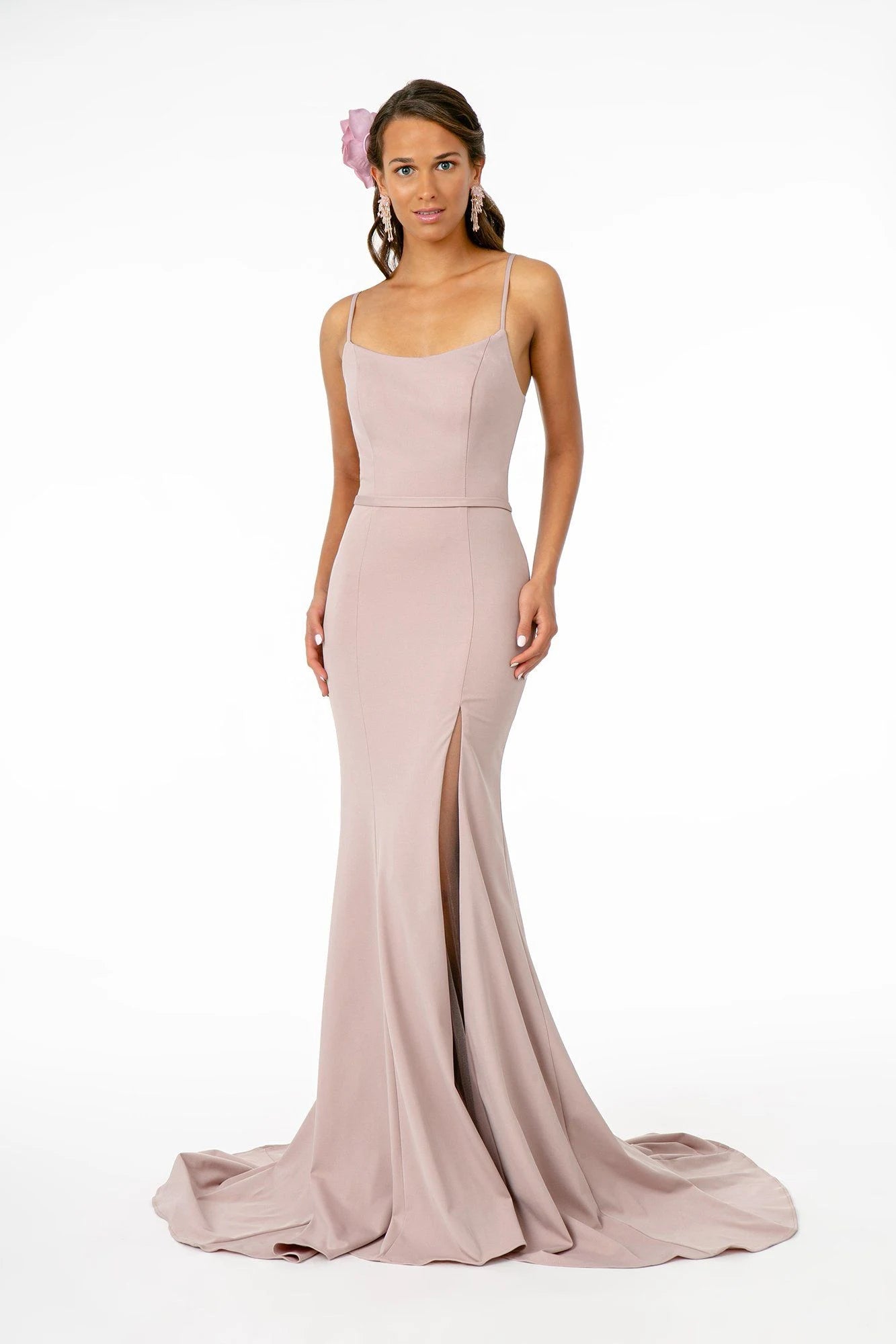 Chic Mermaid Square Neck Sleeveless High Slit Dusty Rose Long Prom Dress