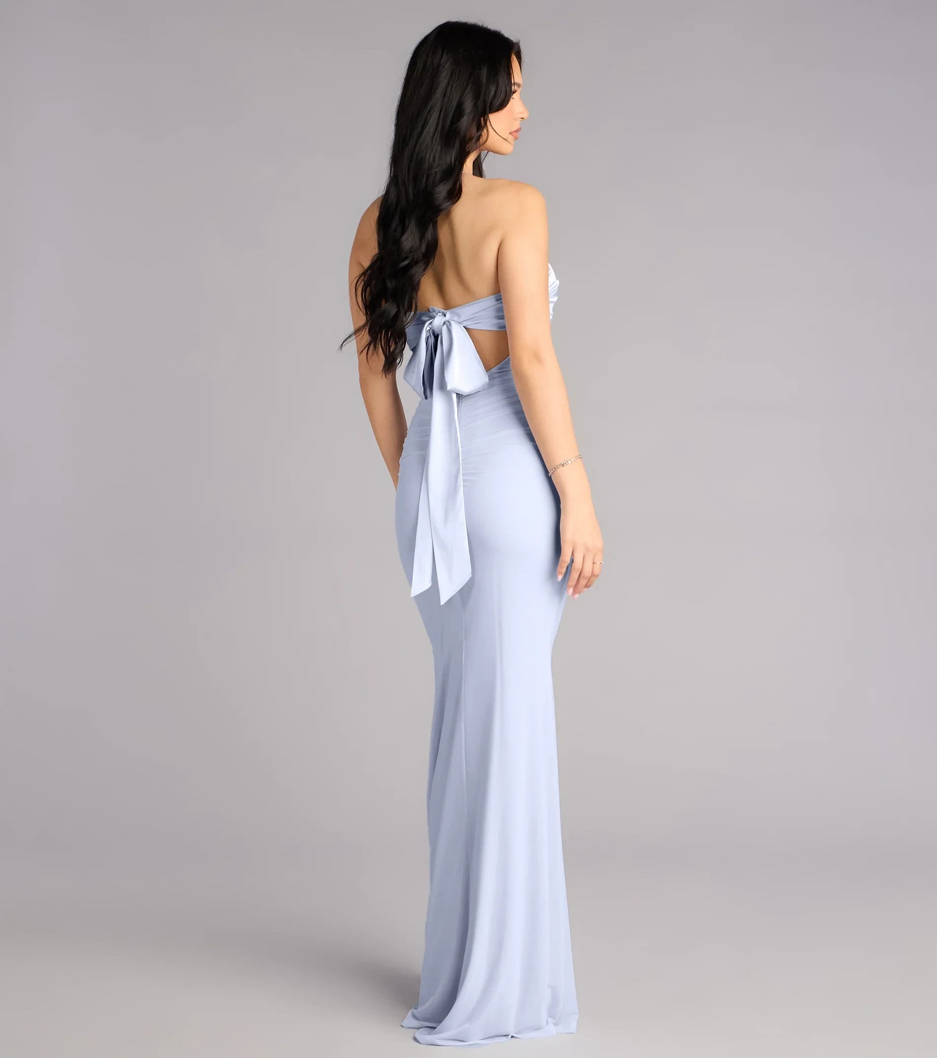 Chic Mermaid Strapless Ruched Tie-Back Light Blue Floor-Length Prom Dress Gown