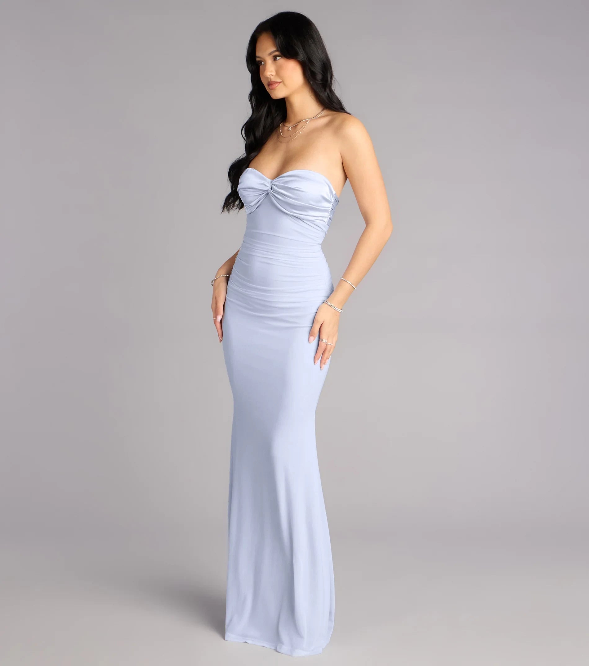 Chic Mermaid Strapless Ruched Tie-Back Light Blue Floor-Length Prom Dress Gown