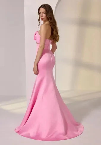 Chic Mermaid Strapless Sleeveless Bow Cutout Pink Long Prom Dresses Gown