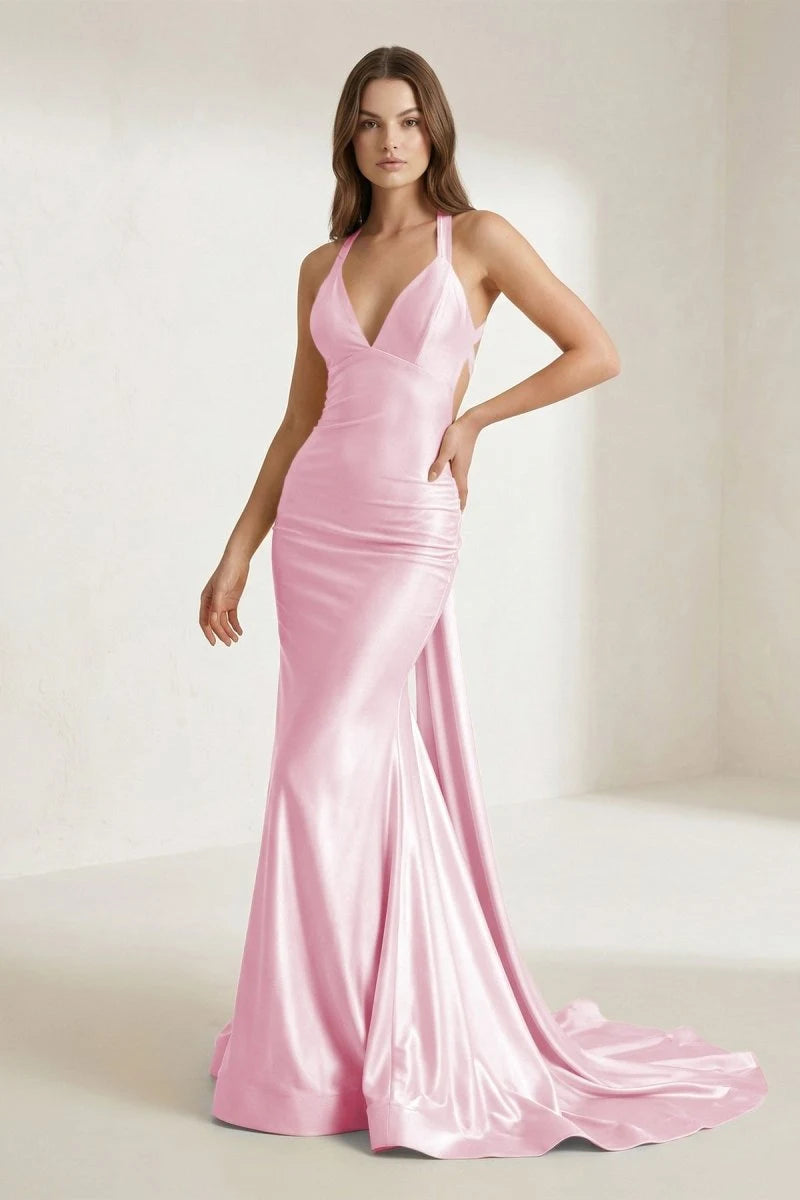 Chic Mermaid V-Neck Sleeveless Ruched Backless Pink Long Prom Dresses Women Gown