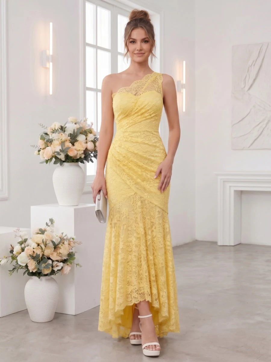 Chic One-Shoulder Sleeveless Lace Ruched Yellow High-Low Prom Dress Gown
