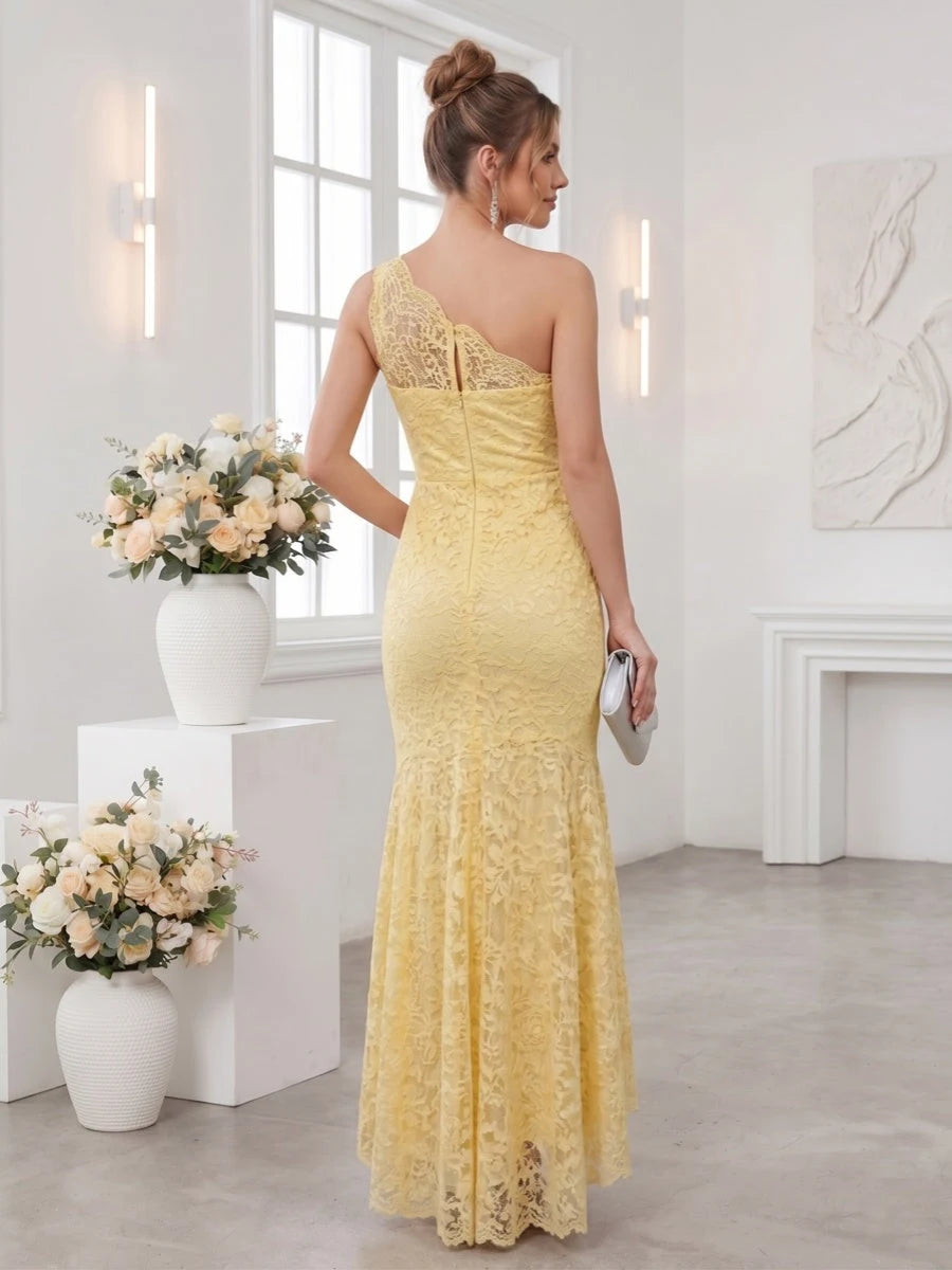 Chic One-Shoulder Sleeveless Lace Ruched Yellow High-Low Prom Dress Gown