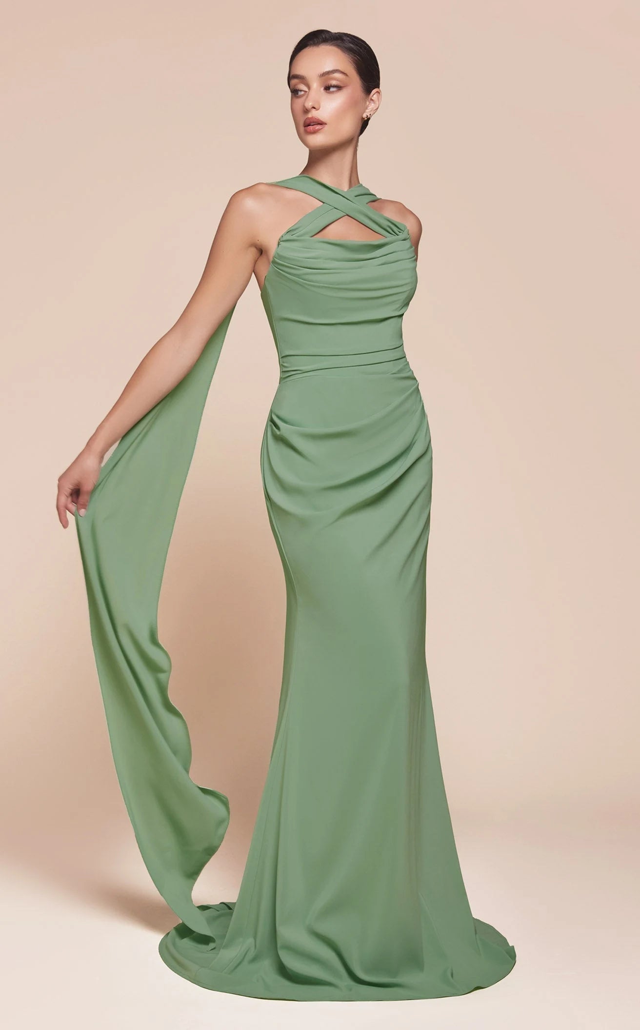 Chic Sheath Draped Halter Sleeveless Sage Green Floor-Length Prom Dress Gown