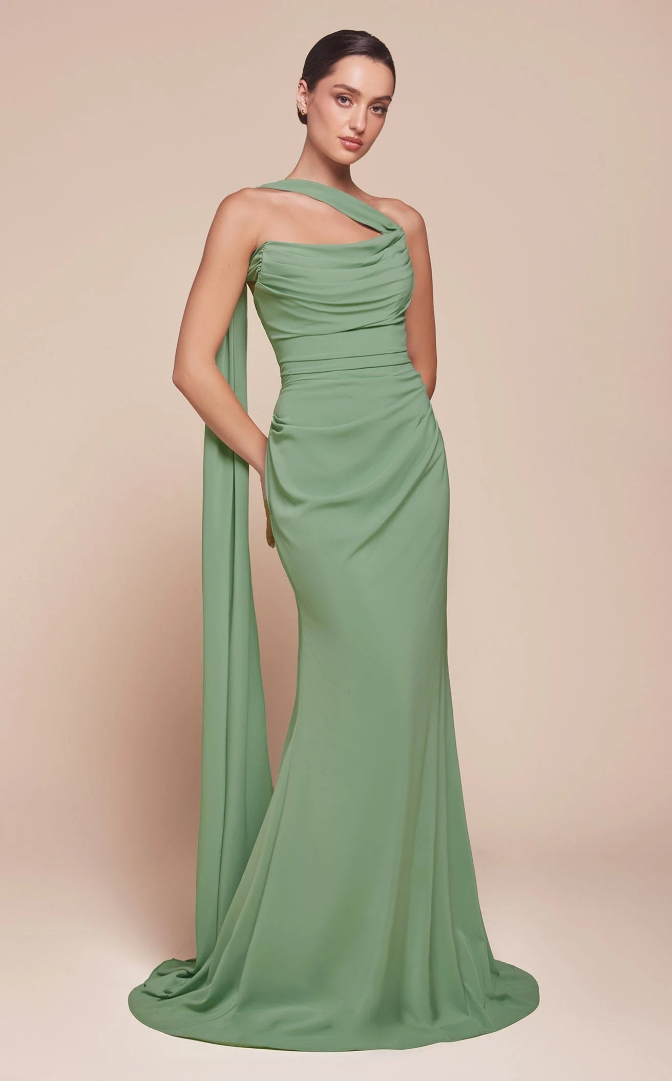 Chic Sheath Draped Halter Sleeveless Sage Green Floor-Length Prom Dress Gown