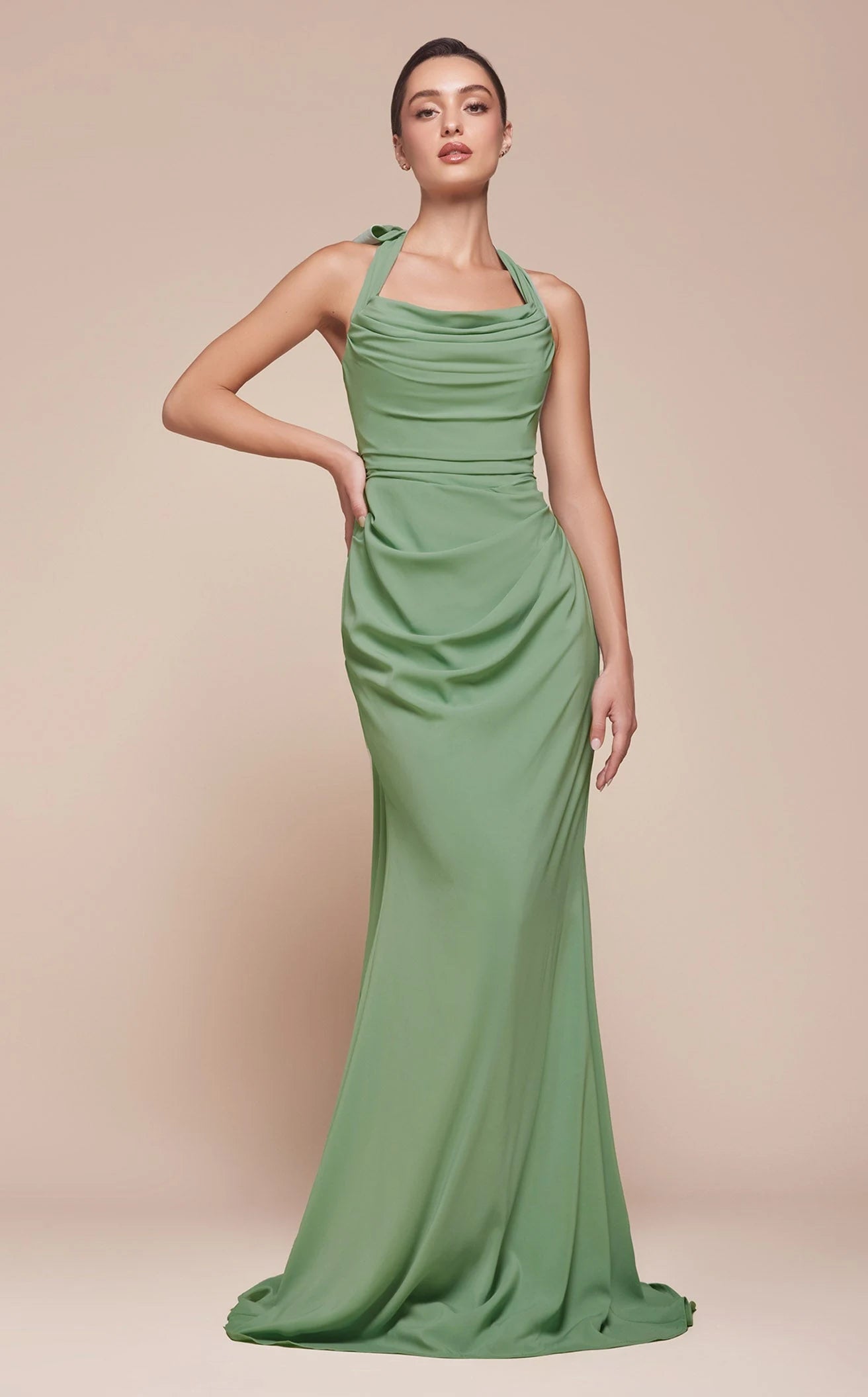 Chic Sheath Draped Halter Sleeveless Sage Green Floor-Length Prom Dress Gown