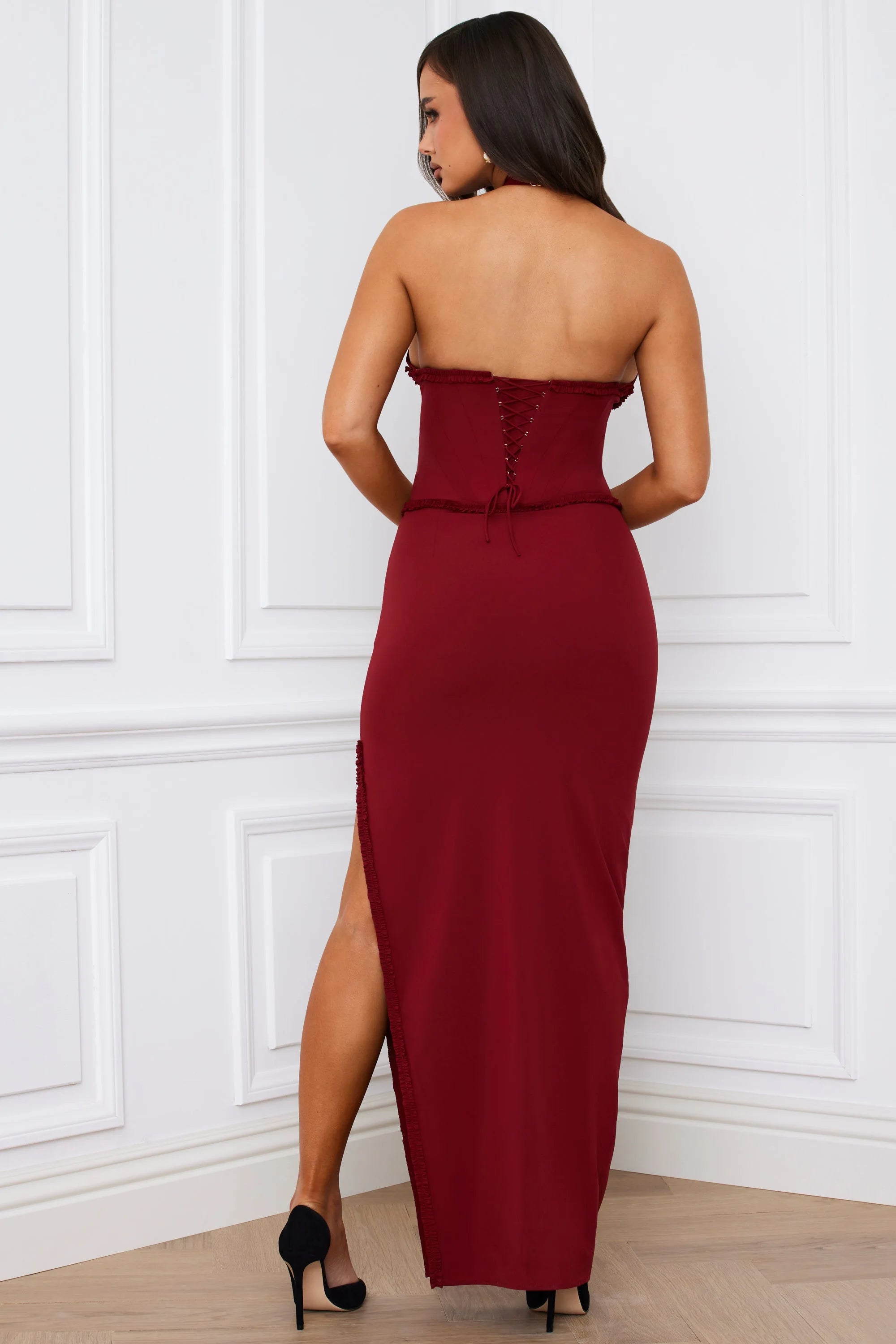 Chic Sheath Halter Sleeveless Corset High Slit Burgundy Maxi Prom Dresses Gown