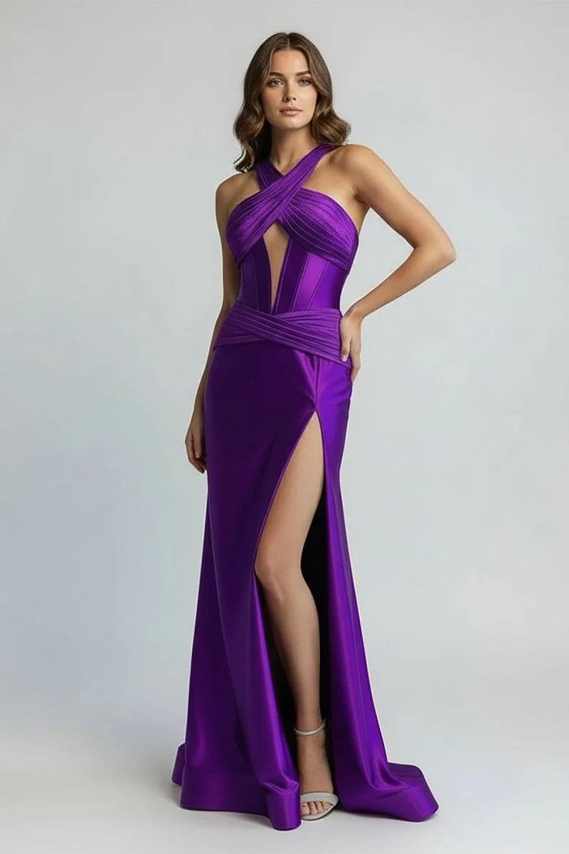 Chic Sheath Halter Sleeveless Cutout Slit Purple Maxi Prom Dresses Women Gown