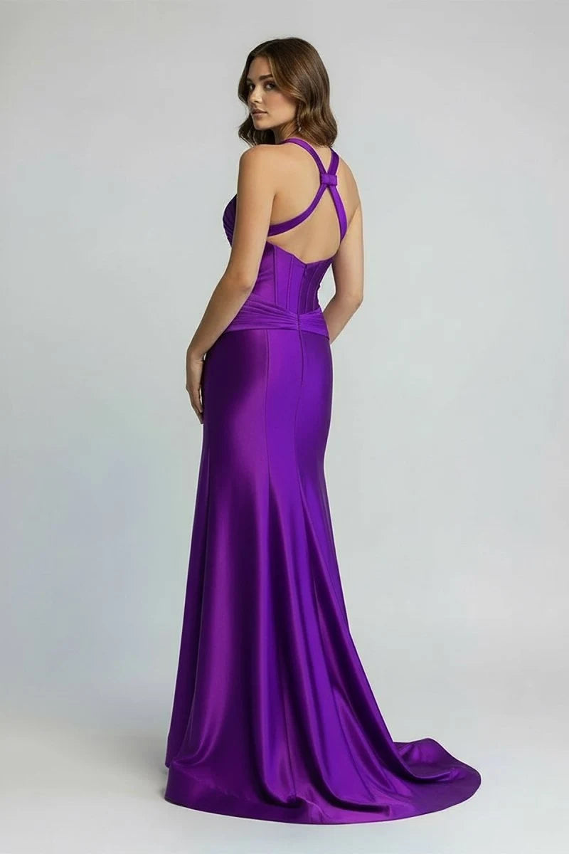 Chic Sheath Halter Sleeveless Cutout Slit Purple Maxi Prom Dresses Women Gown