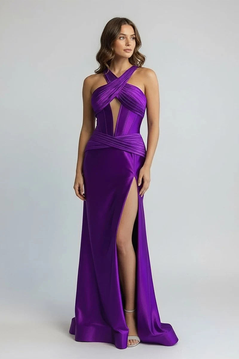 Chic Sheath Halter Sleeveless Cutout Slit Purple Maxi Prom Dresses Women Gown