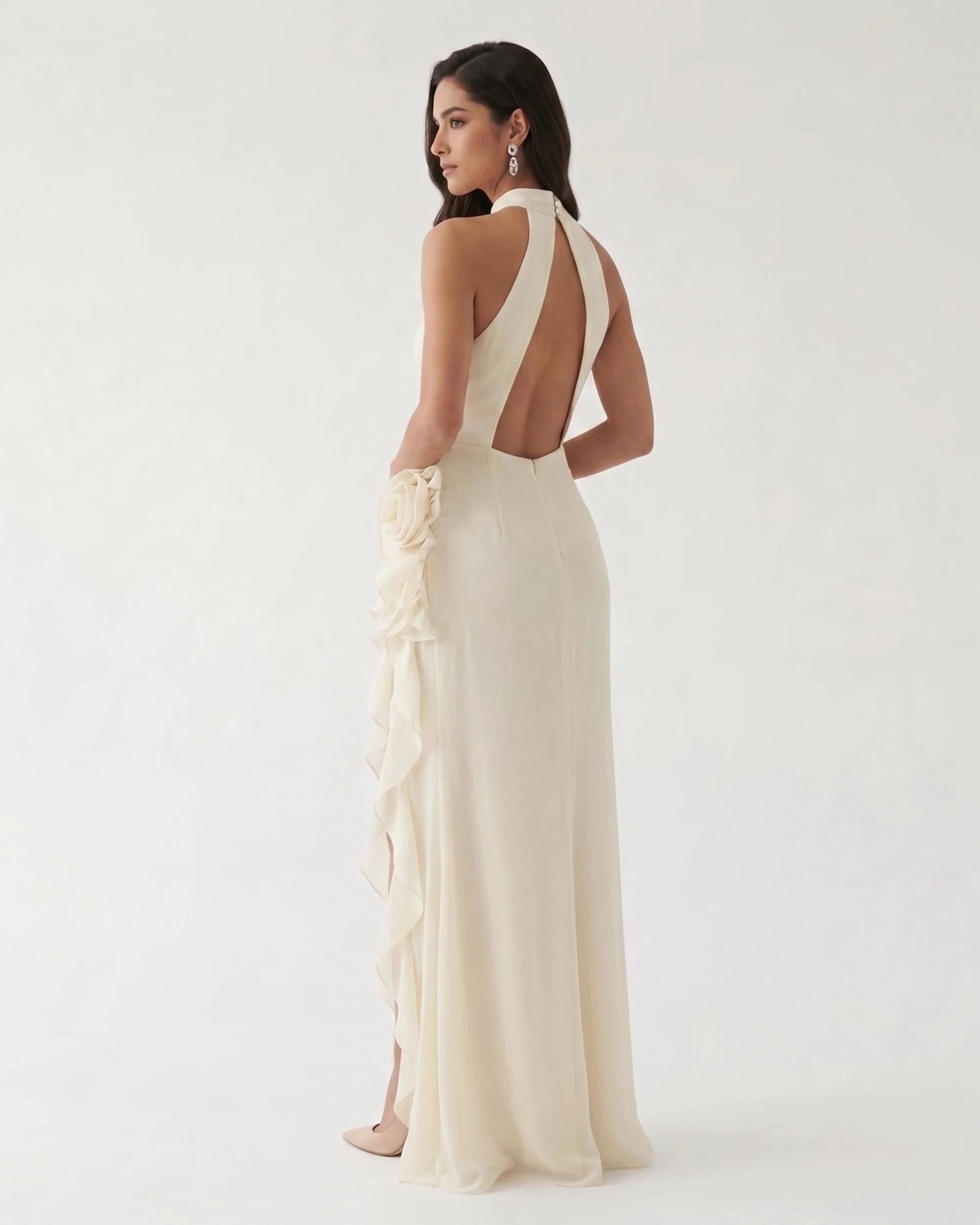 Chic Sheath Halter Sleeveless Ruffled Floral Ivory Floor-Length Prom Gown