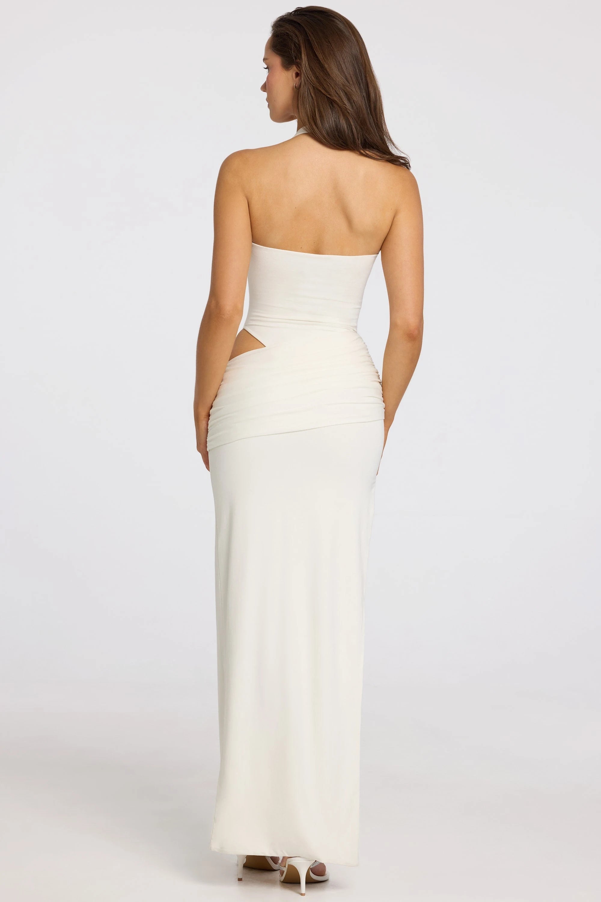 Chic Sheath Halter V-Neck Sleeveless Ruched Cutout Ivory Floor-Length Prom Dress