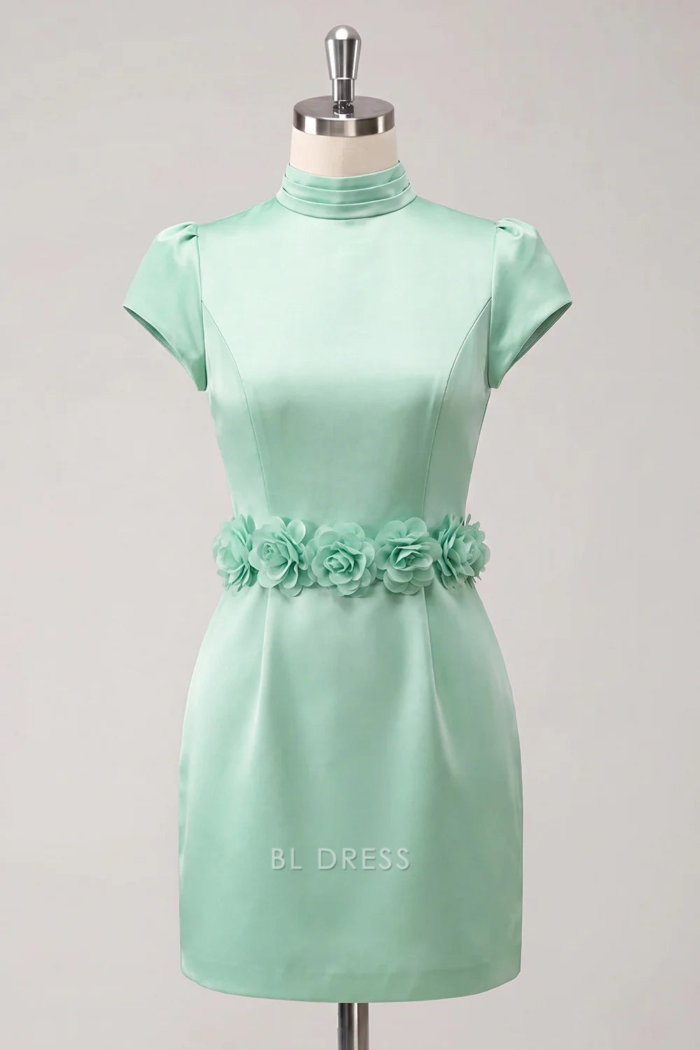 Chic Sheath Mock Neck Short Sleeves Floral Waist Mint Green Mini Homecoming Dress