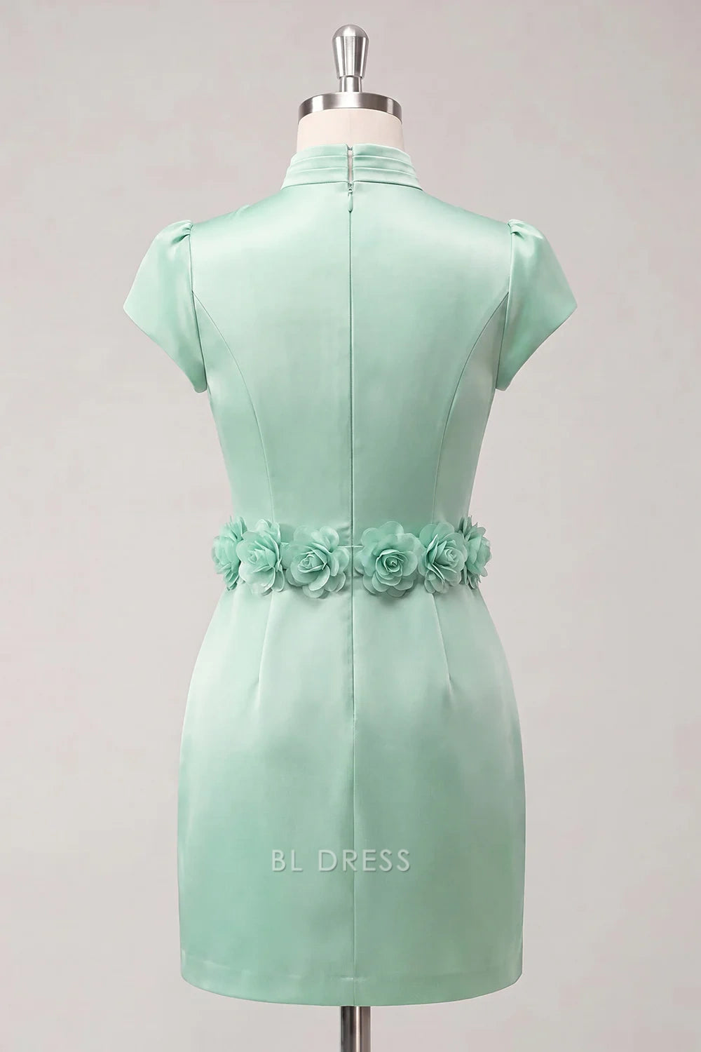 Chic Sheath Mock Neck Short Sleeves Floral Waist Mint Green Mini Homecoming Dress