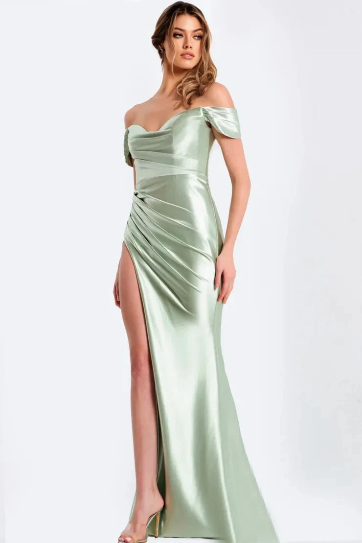 Chic Sheath Off-Shoulder Cap-Sleeve Ruched Slit Sage Long Prom Dresses Women