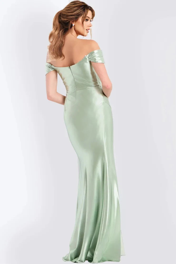 Chic Sheath Off-Shoulder Cap-Sleeve Ruched Slit Sage Long Prom Dresses Women
