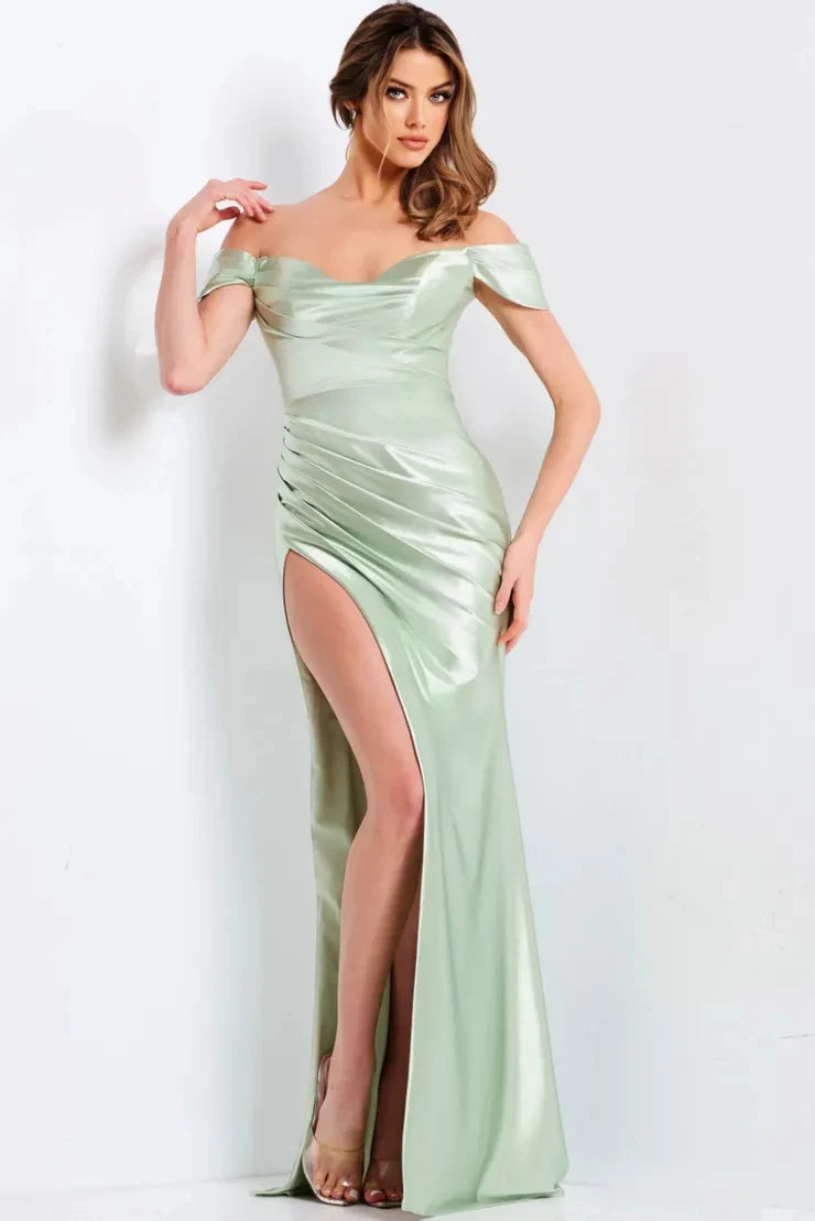 Chic Sheath Off-Shoulder Cap-Sleeve Ruched Slit Sage Long Prom Dresses Women