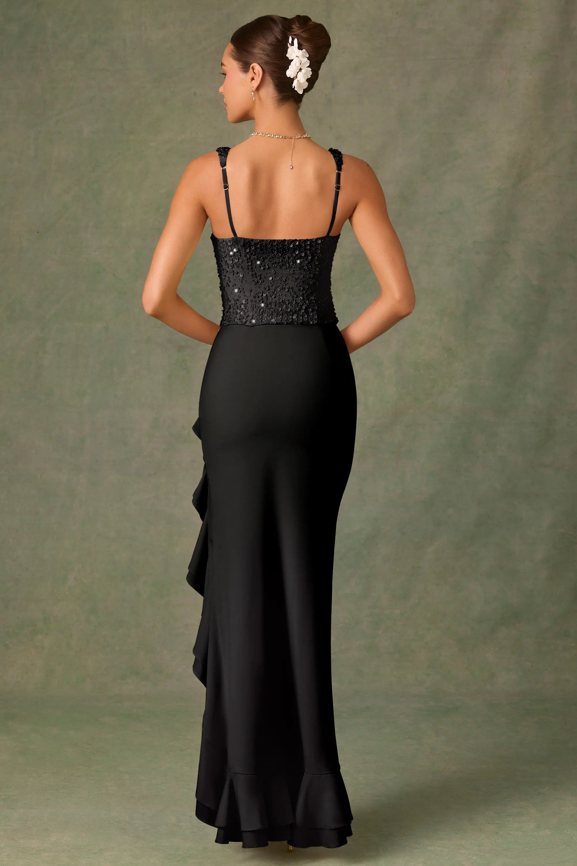 Chic Sheath Square Neck Sleeveless Sequin Ruffled Black Floor-Length Prom Gown
