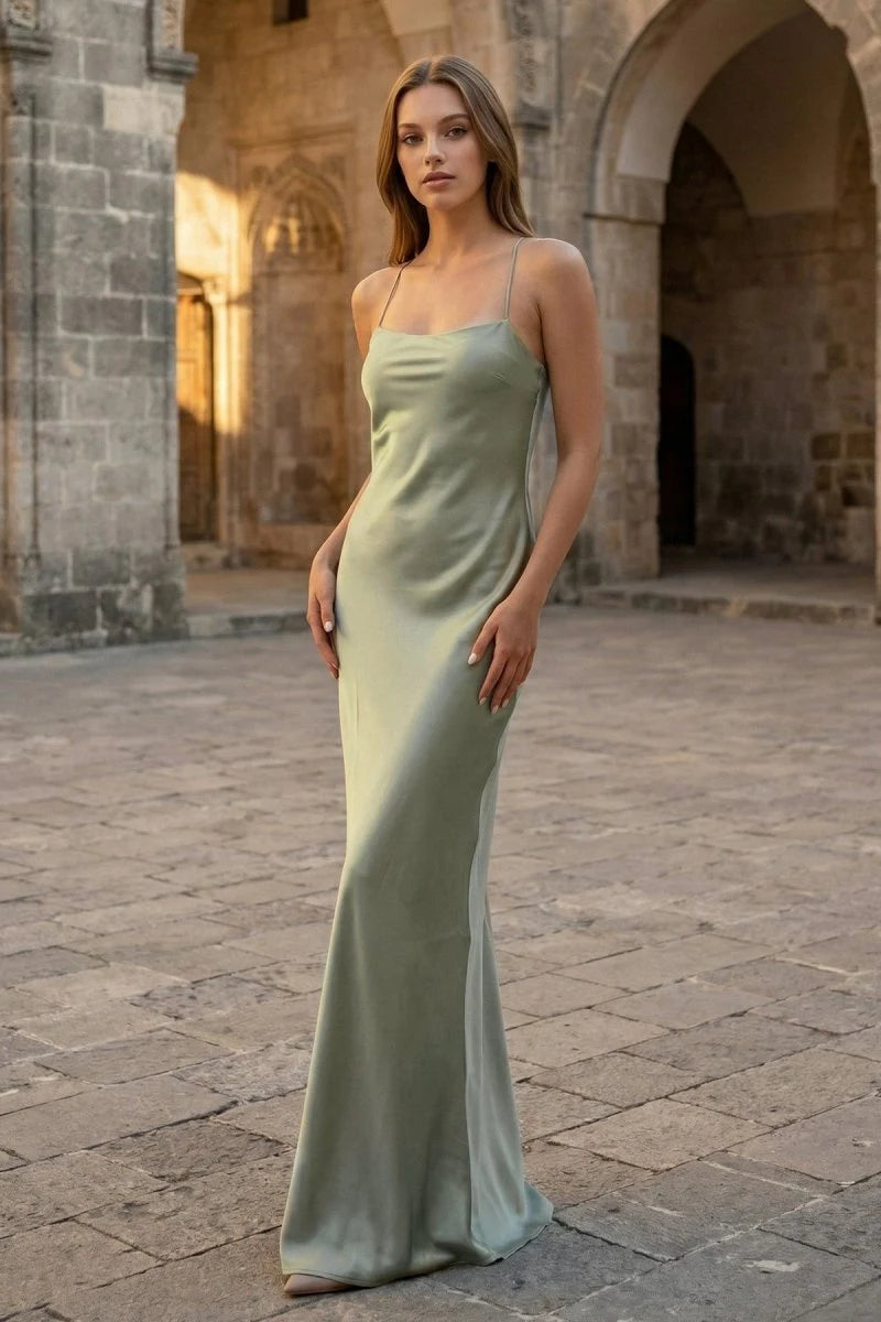 Chic Sheath Square Sleeveless Backless Strappy Sage Long Prom Dresses Women Gown