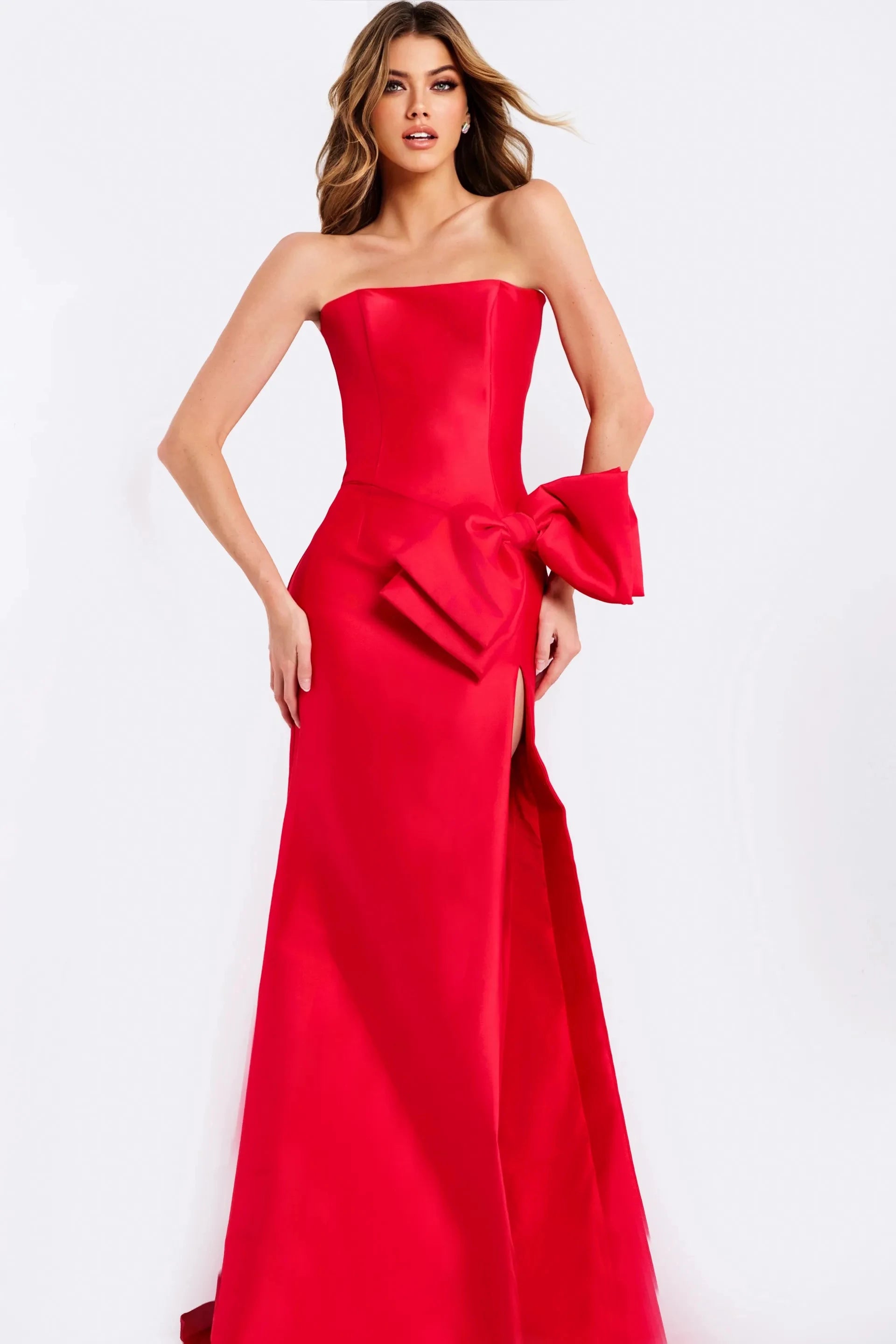 Chic Sheath Strapless Sleeveless Bow Slit Red Long Prom Dresses Women