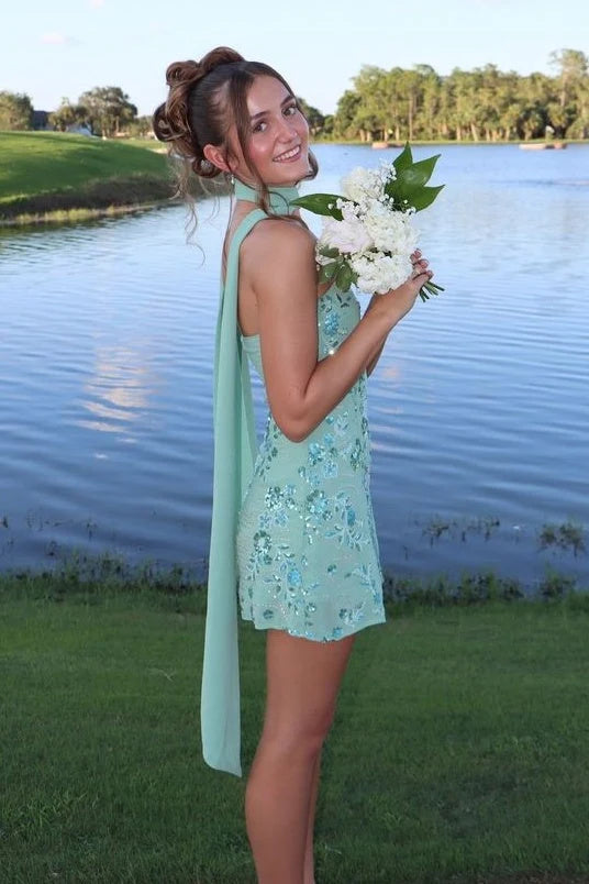 Chic Sheath Strapless Sleeveless Floral Sequin Green Mini Homecoming Dresses Women