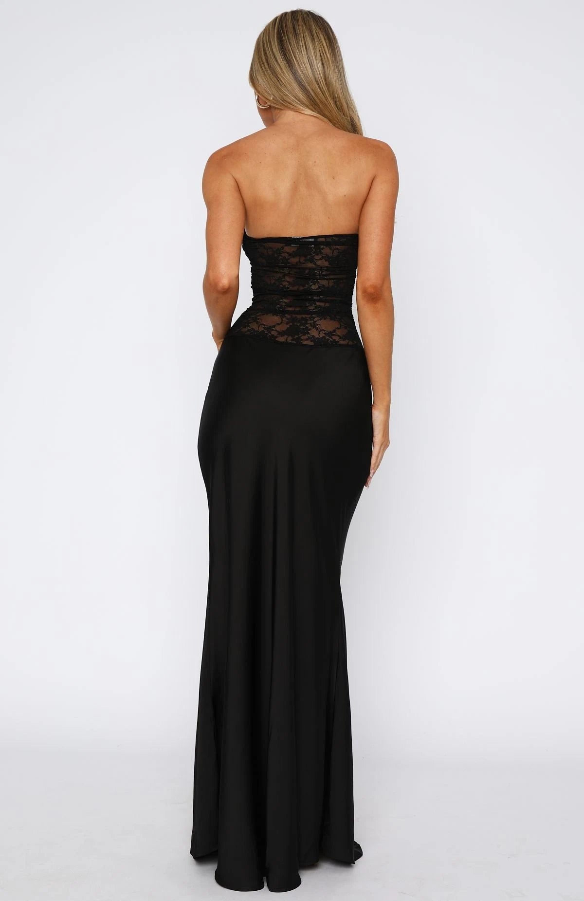 Chic Sheath Strapless Sleeveless Lace Bodice Black Floor-Length Prom Dress Women's Gown