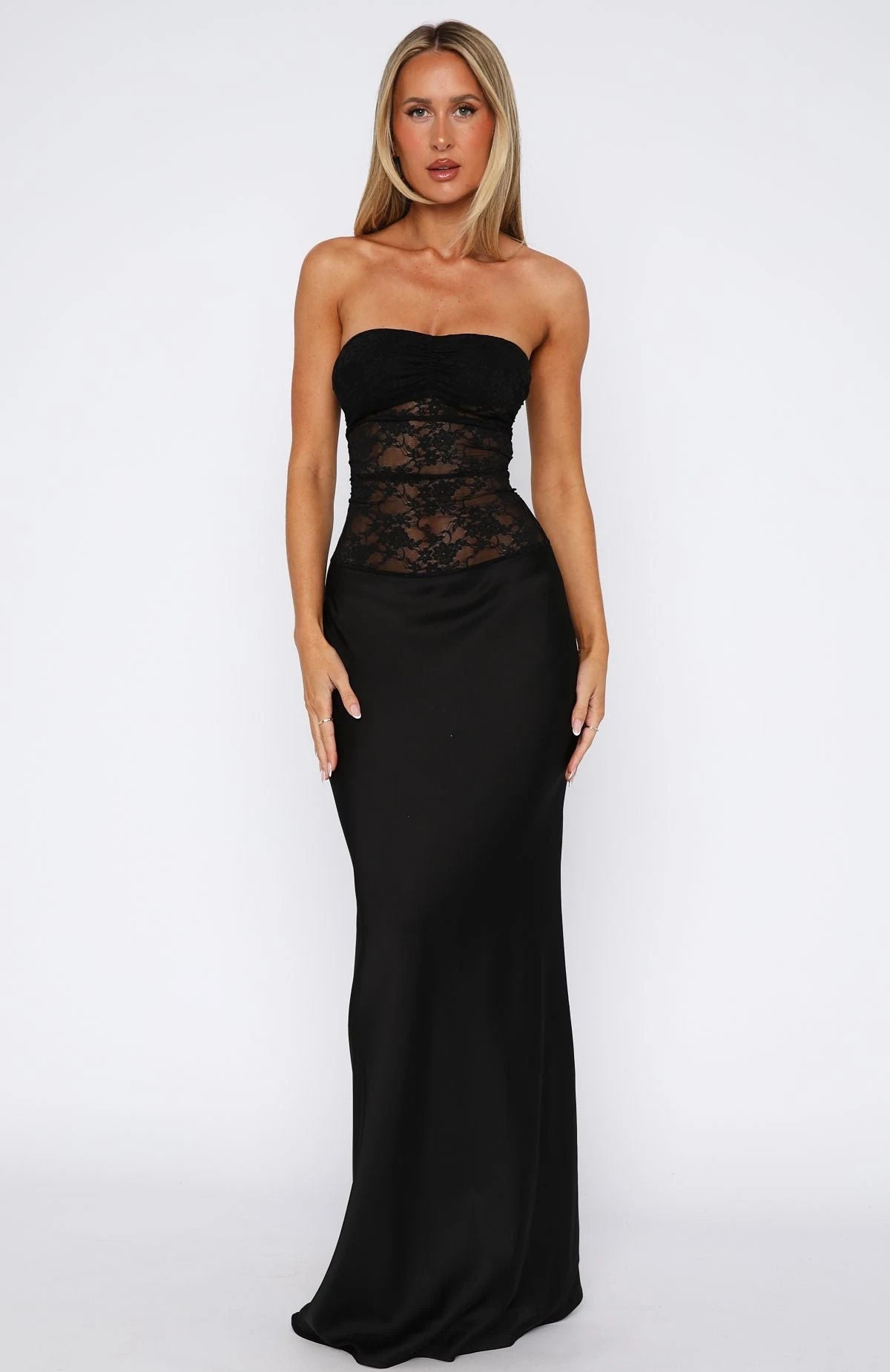 Chic Sheath Strapless Sleeveless Lace Bodice Black Floor-Length Prom Dress Women's Gown