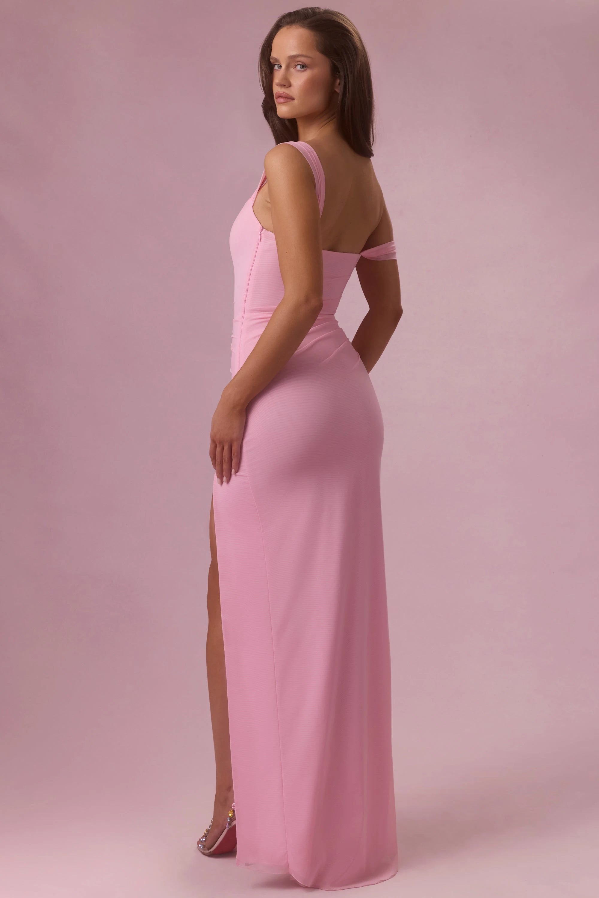 Chic Sheath Sweetheart Off-Shoulder Ruched High Slit Pink Maxi Prom Dresses Women's Gown