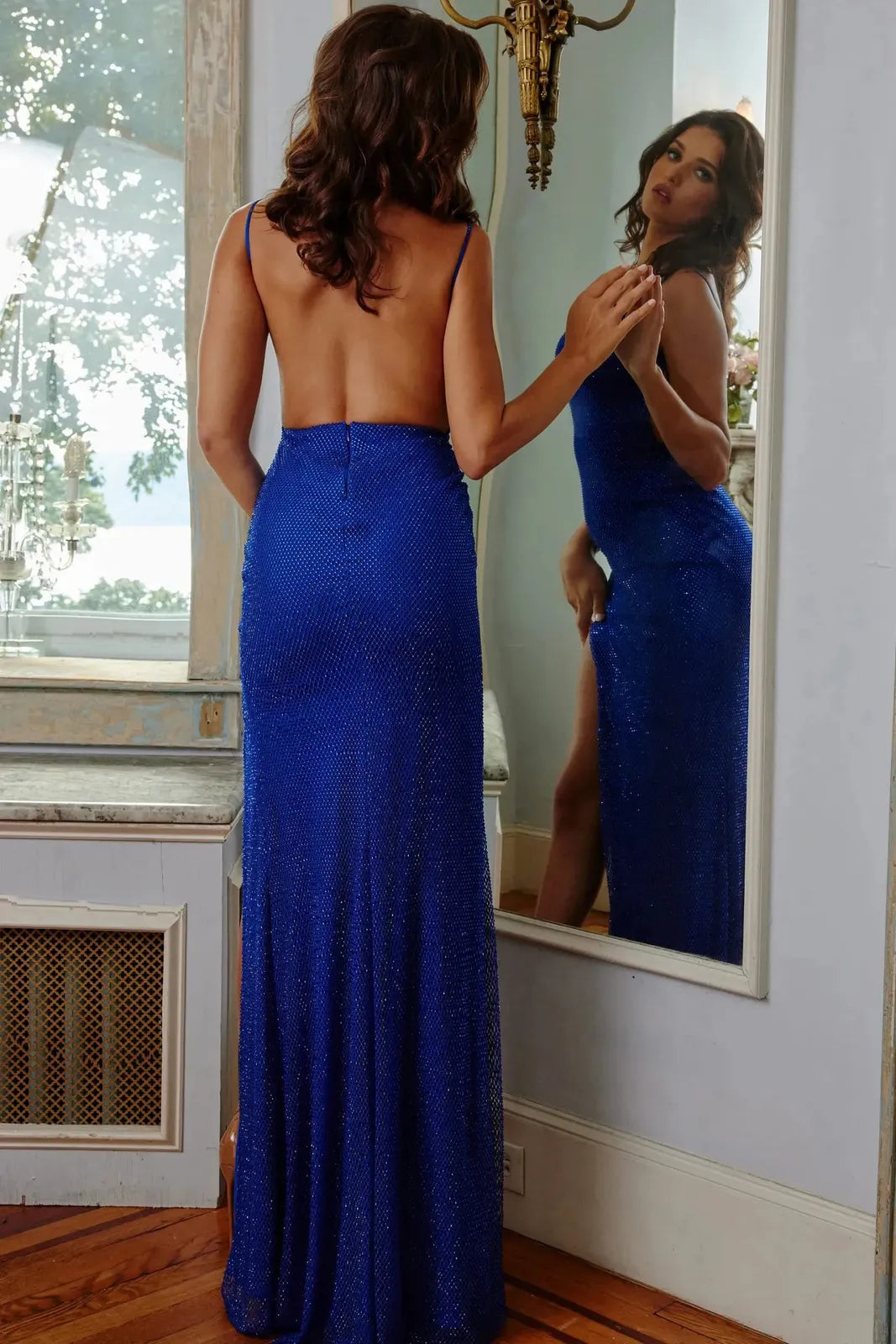 Chic Sheath V-Neck Sleeveless Backless Slit Blue Long Prom Dresses Women