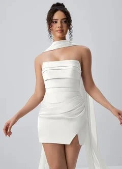 Chic Strapless Bodycon Ruched Scarf White Mini Homecoming Dress Women
