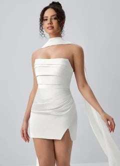 Chic Strapless Bodycon Ruched Scarf White Mini Homecoming Dress Women
